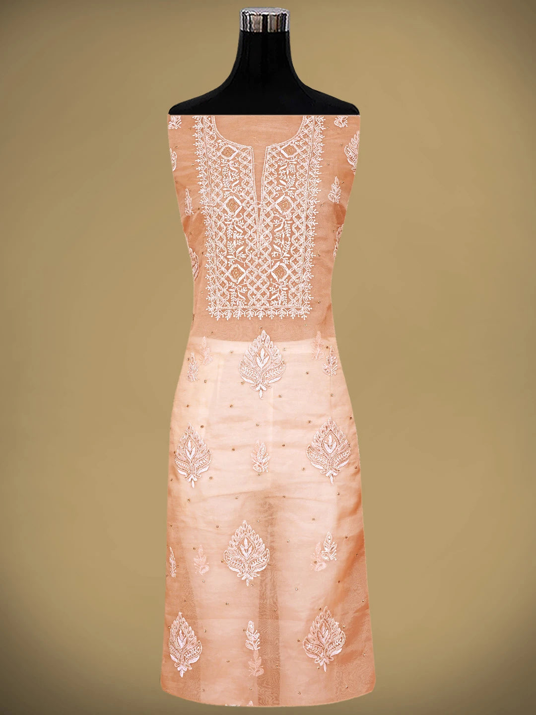 Ada Hand Embroidered Creamy Peach Organza Lucknowi Chikankari Unstitched Kurta Dupatta Set With Cutdana Work 01A742210