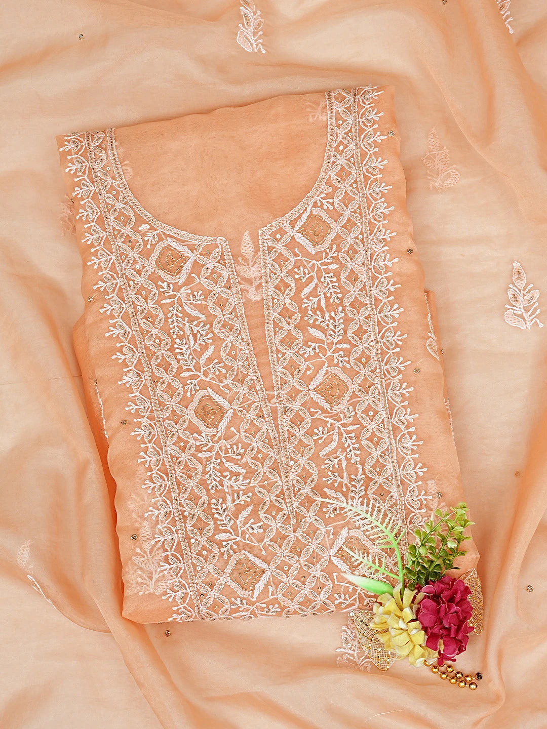 Ada Hand Embroidered Creamy Peach Organza Lucknowi Chikankari Unstitched Kurta Dupatta Set With Cutdana Work 01A742210
