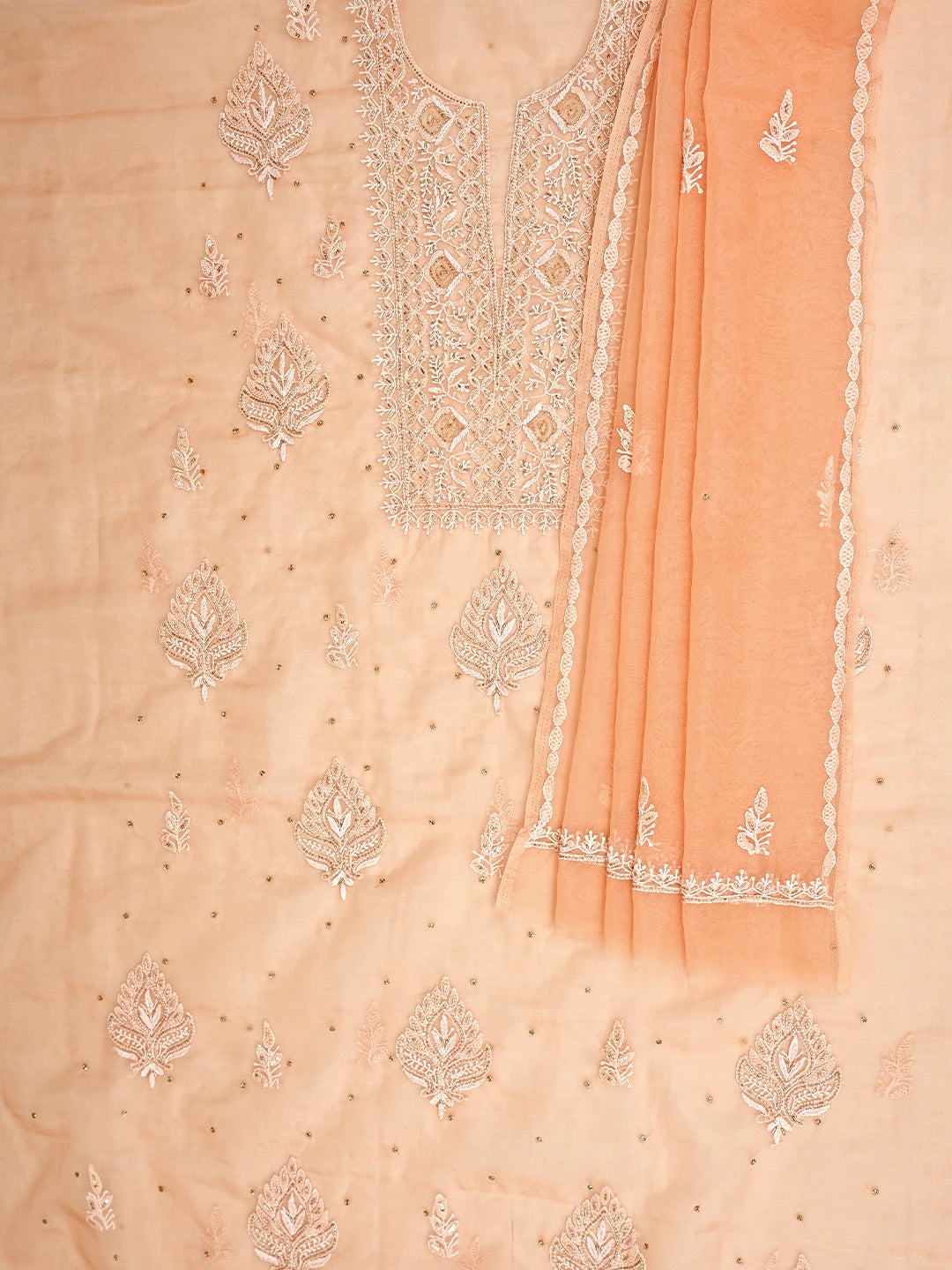 Ada Hand Embroidered Creamy Peach Organza Lucknowi Chikankari Unstitched Kurta Dupatta Set With Cutdana Work 01A742210