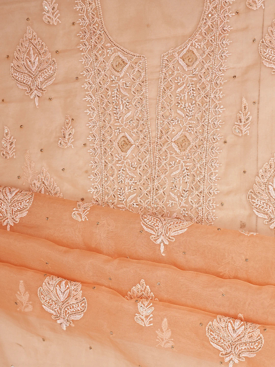 Ada Hand Embroidered Creamy Peach Organza Lucknowi Chikankari Unstitched Kurta Dupatta Set With Cutdana Work 01A742210