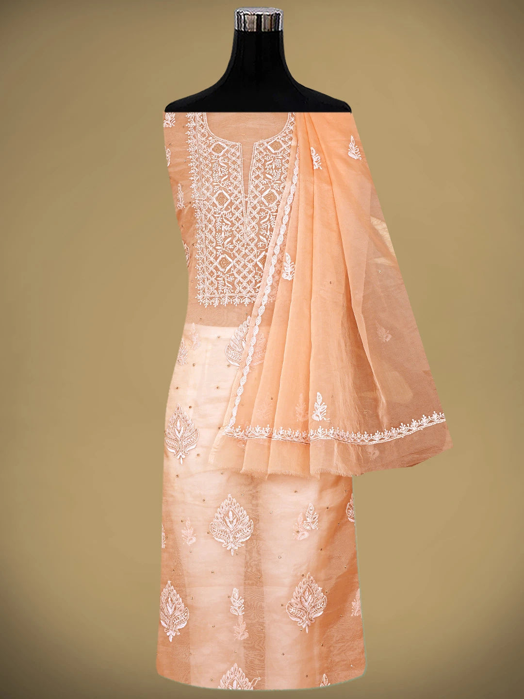 Ada Hand Embroidered Creamy Peach Organza Lucknowi Chikankari Unstitched Kurta Dupatta Set With Cutdana Work 01A742210
