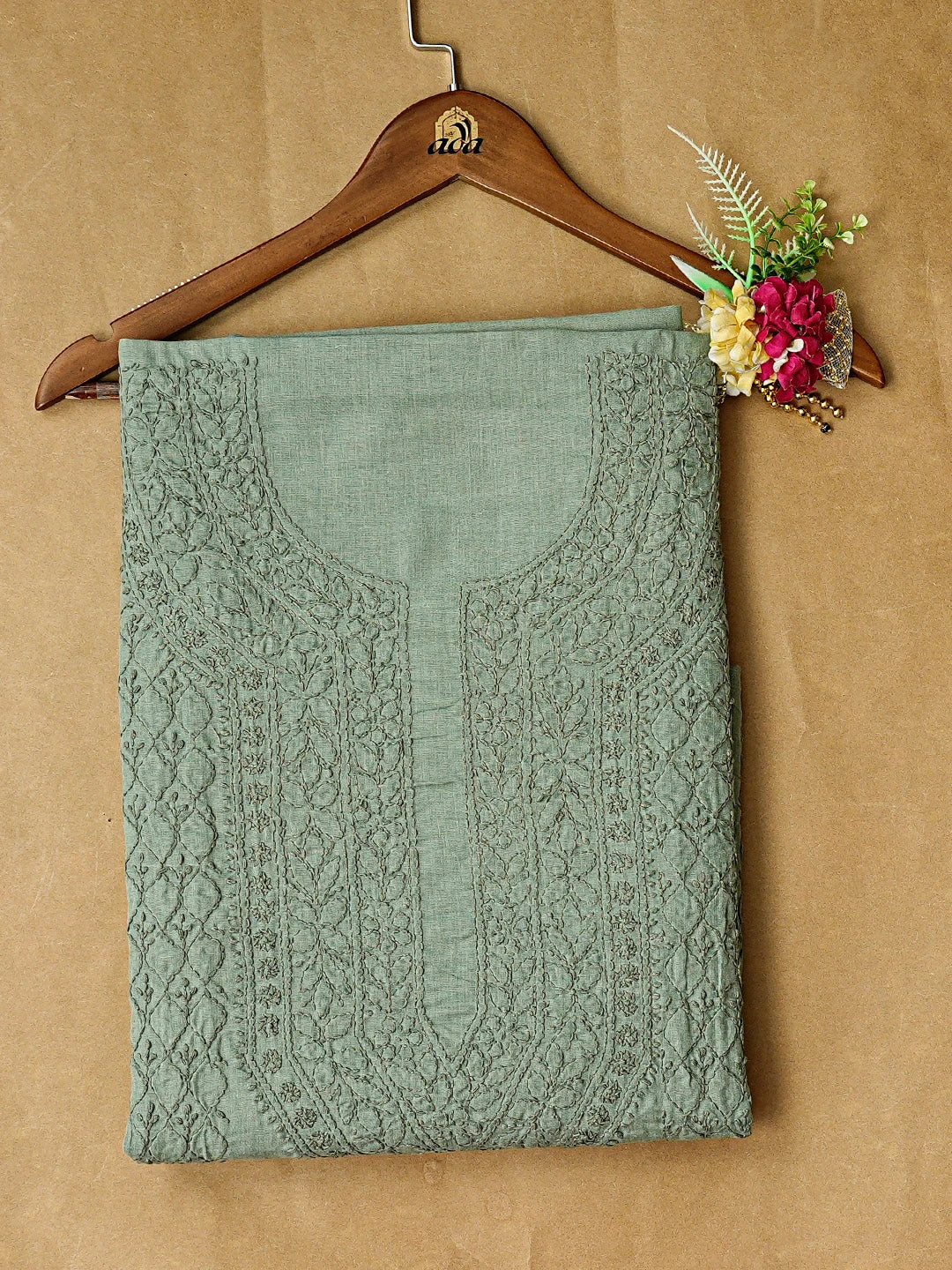 Ada Hand Embroidered Green Cotton Lucknowi Chikankari Unstitched Kurta Piece 01A873447