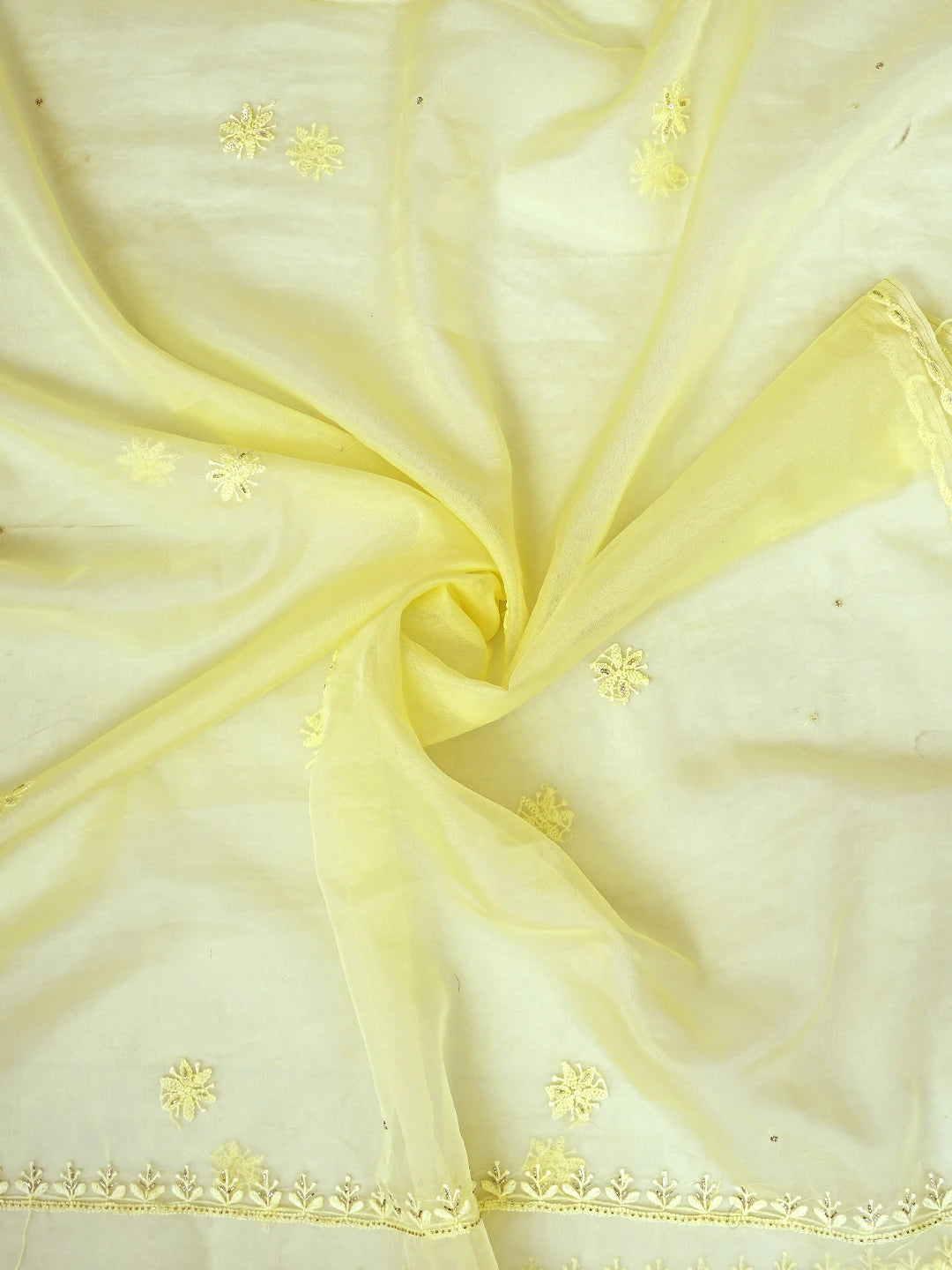 Ada Hand Embroidered Lemon Organza Lucknowi Chikankari Unstitched Kurta Dupatta Set With Cutdana Work 01A789371