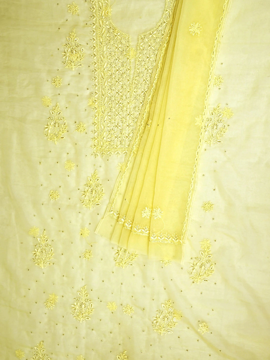 Ada Hand Embroidered Lemon Organza Lucknowi Chikankari Unstitched Kurta Dupatta Set With Cutdana Work 01A789371