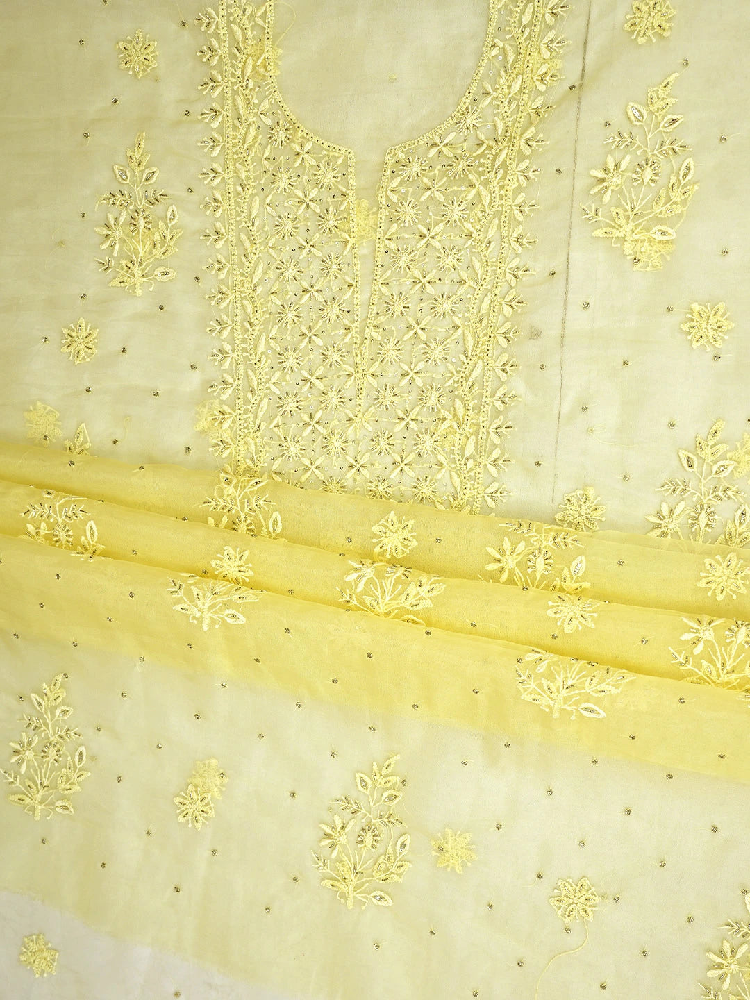 Ada Hand Embroidered Lemon Organza Lucknowi Chikankari Unstitched Kurta Dupatta Set With Cutdana Work 01A789371