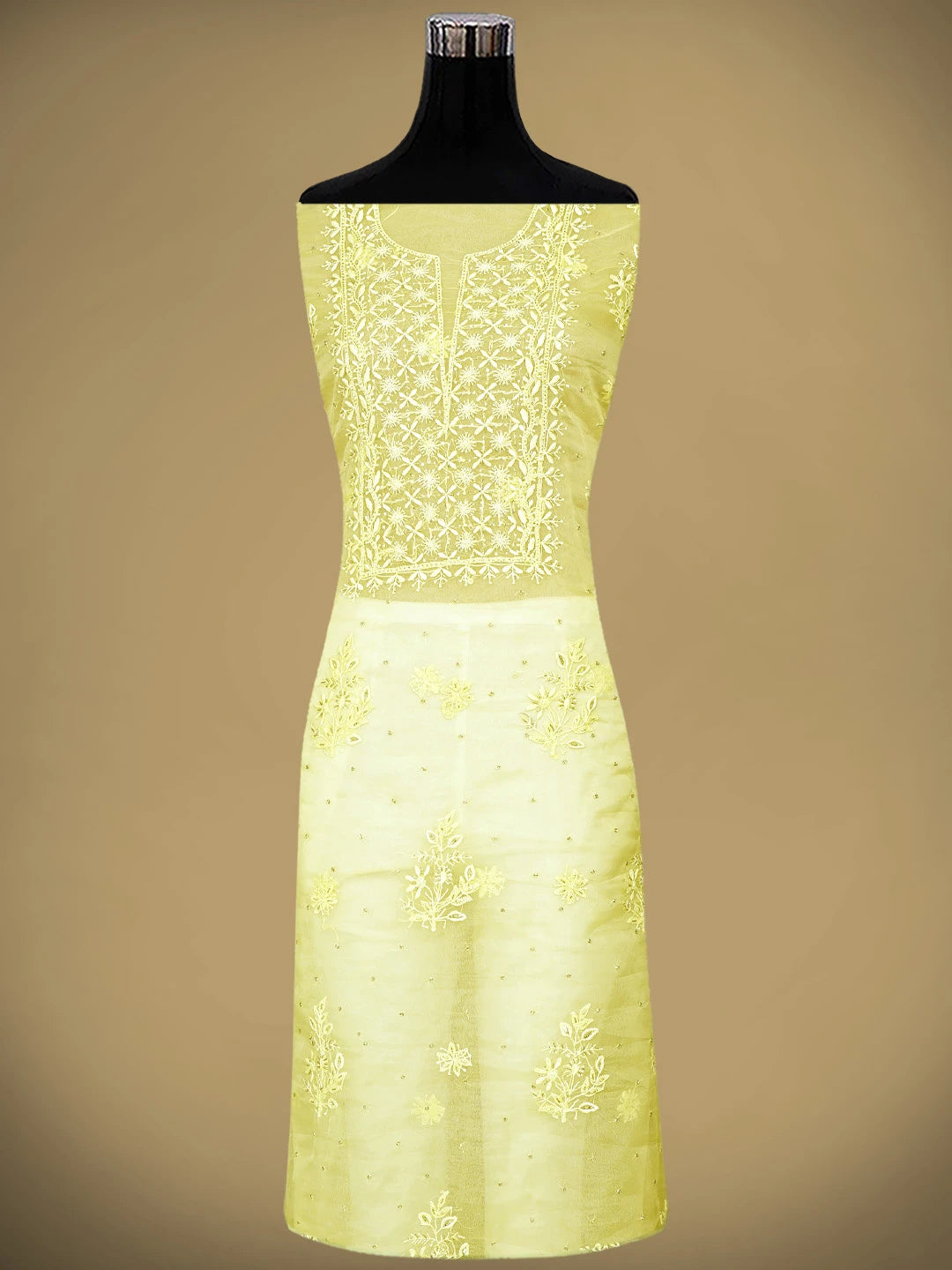 Ada Hand Embroidered Lemon Organza Lucknowi Chikankari Unstitched Kurta Dupatta Set With Cutdana Work 01A789371