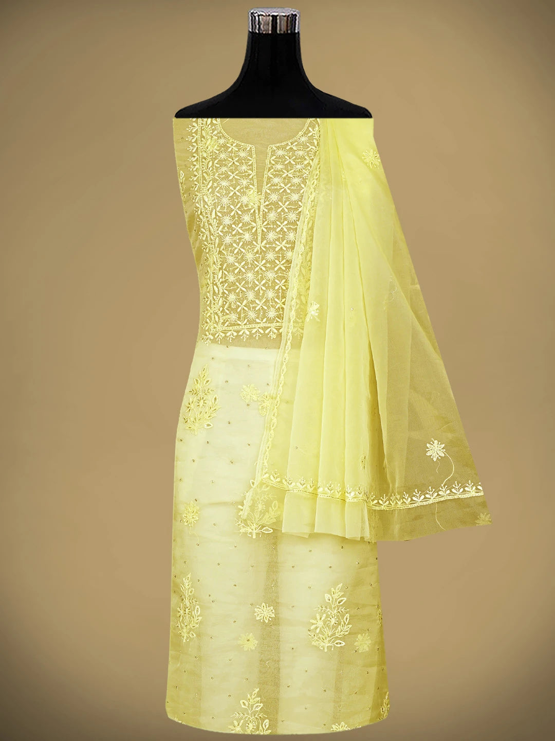 Ada Hand Embroidered Lemon Organza Lucknowi Chikankari Unstitched Kurta Dupatta Set With Cutdana Work 01A789371