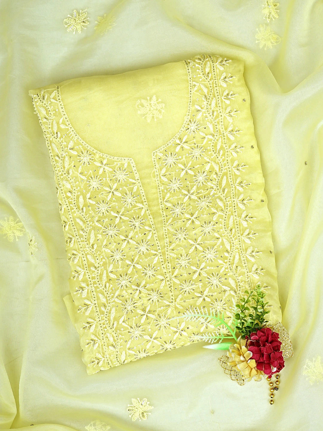 Ada Hand Embroidered Lemon Organza Lucknowi Chikankari Unstitched Kurta Dupatta Set With Cutdana Work 01A789371