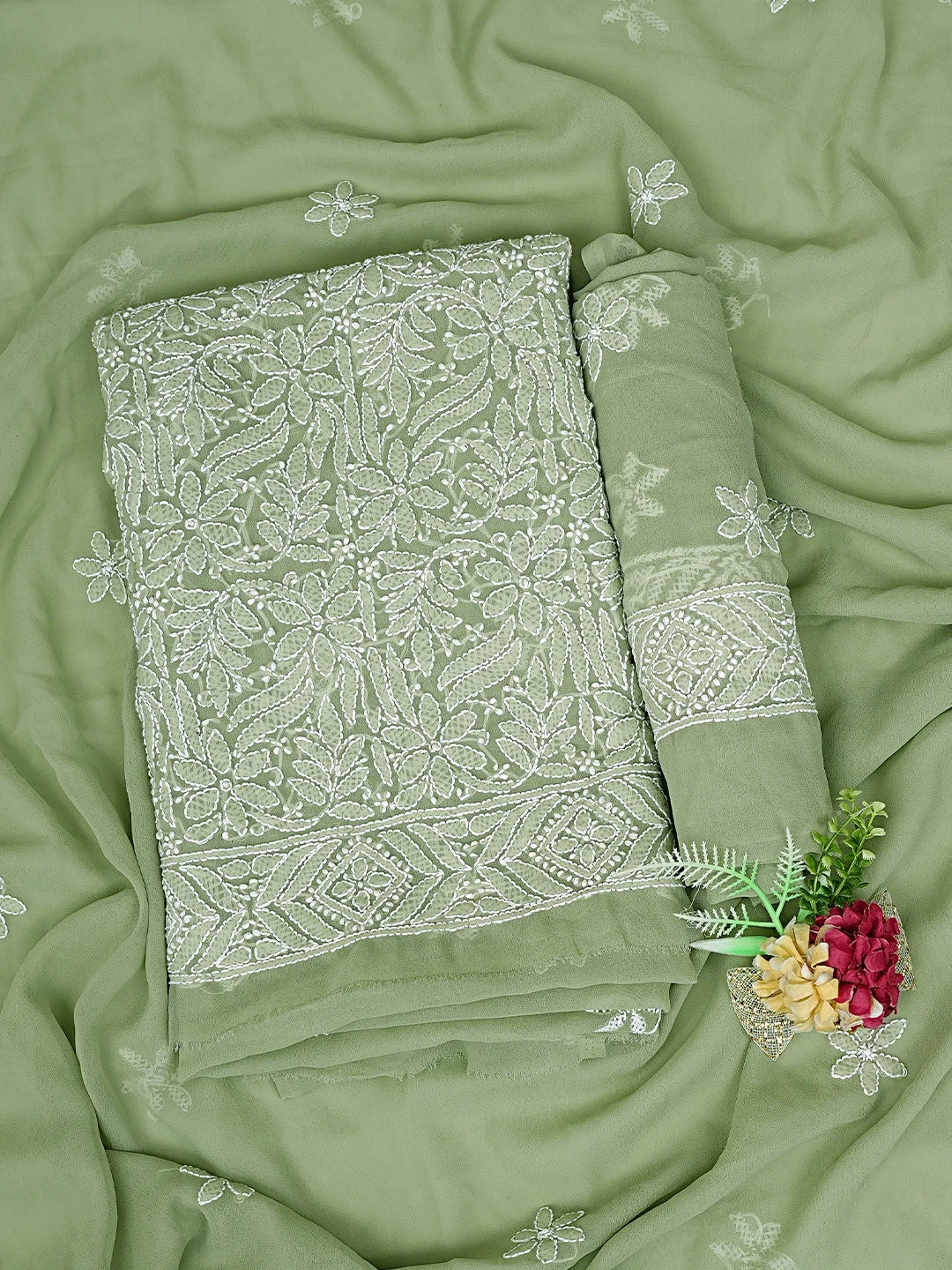 Ada Hand Embroidered Moss Green Georgette Lucknowi Chikankari Unstitched Suit Piece 01A867806