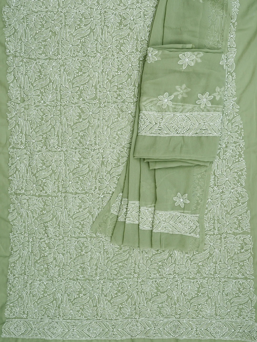 Ada Hand Embroidered Moss Green Georgette Lucknowi Chikankari Unstitched Suit Piece 01A867806