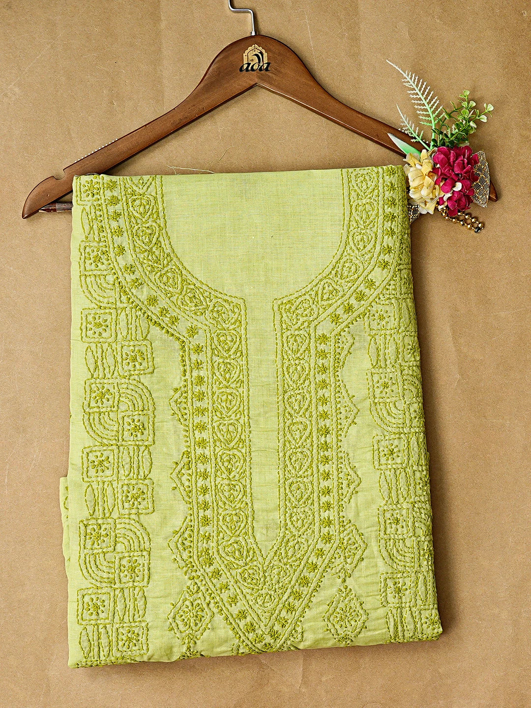 Ada Hand Embroidered Green Cotton Lucknowi Chikankari Unstitched Kurta Piece 01A873446
