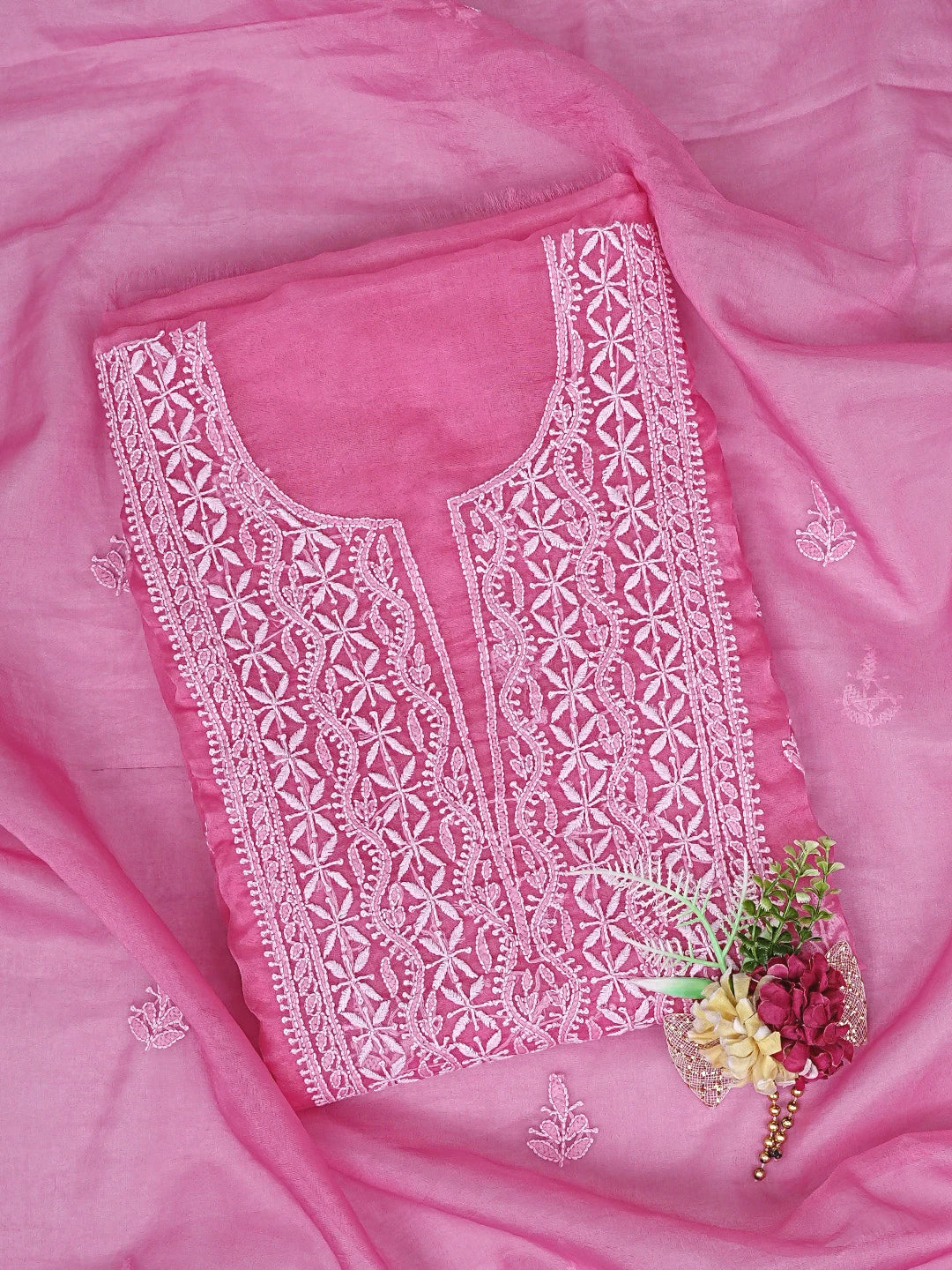 Ada Hand Embroidered Brink Pink Organza Lucknowi Chikankari Unstitched Kurta Dupatta Set 01A794179