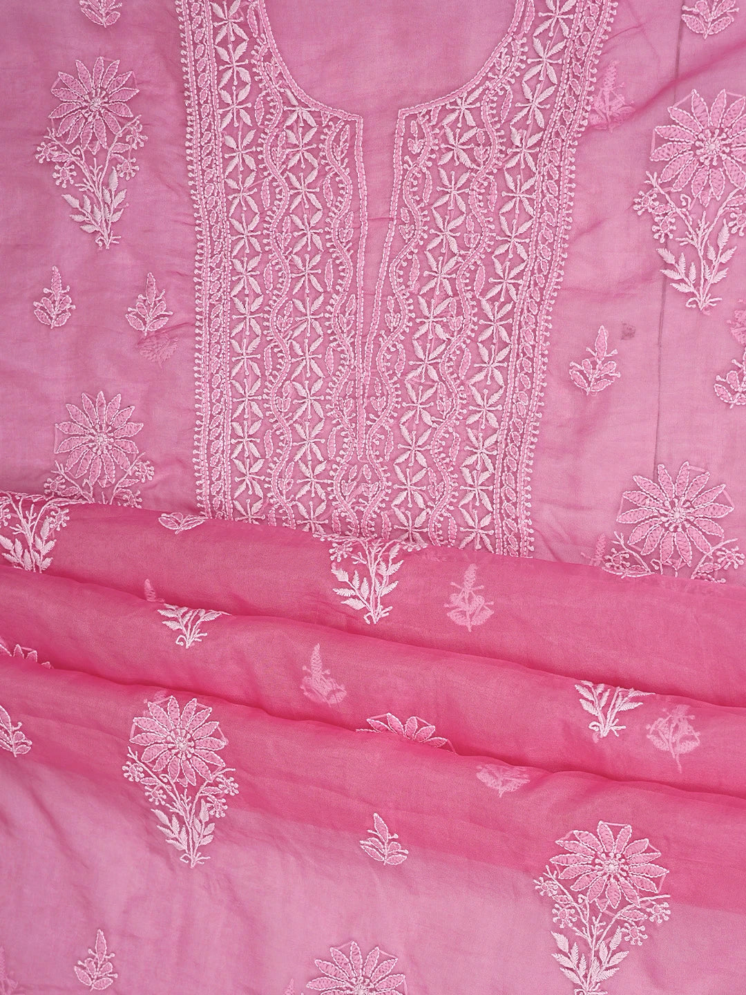 Ada Hand Embroidered Brink Pink Organza Lucknowi Chikankari Unstitched Kurta Dupatta Set 01A794179
