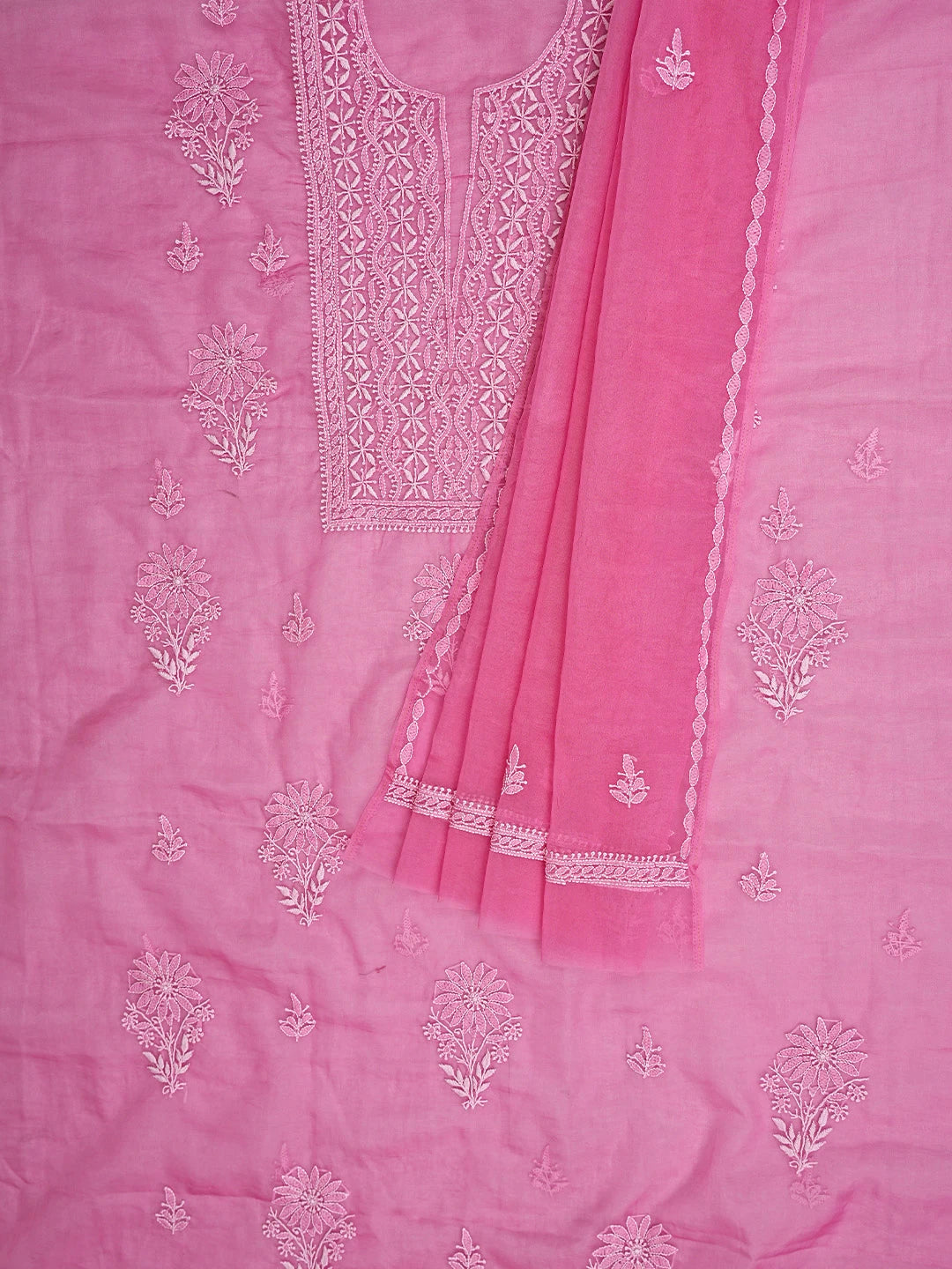 Ada Hand Embroidered Brink Pink Organza Lucknowi Chikankari Unstitched Kurta Dupatta Set 01A794179