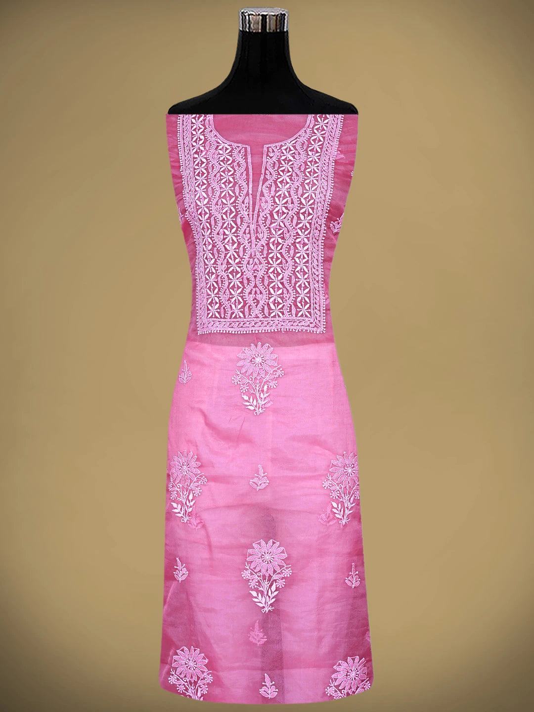 Ada Hand Embroidered Brink Pink Organza Lucknowi Chikankari Unstitched Kurta Dupatta Set 01A794179