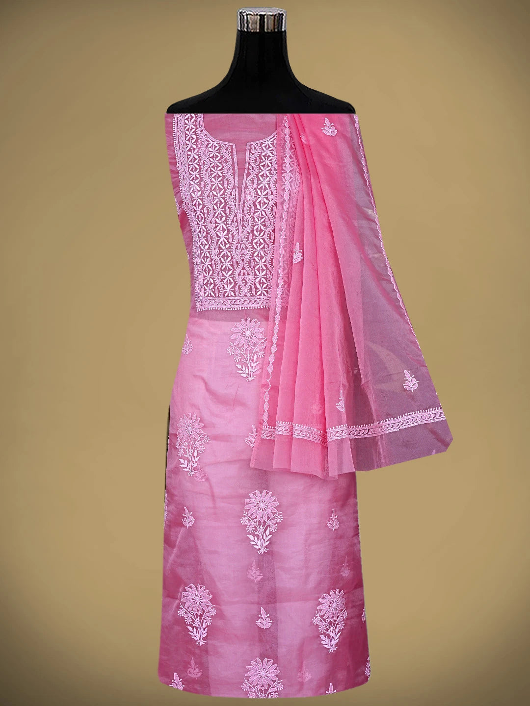 Ada Hand Embroidered Brink Pink Organza Lucknowi Chikankari Unstitched Kurta Dupatta Set 01A794179