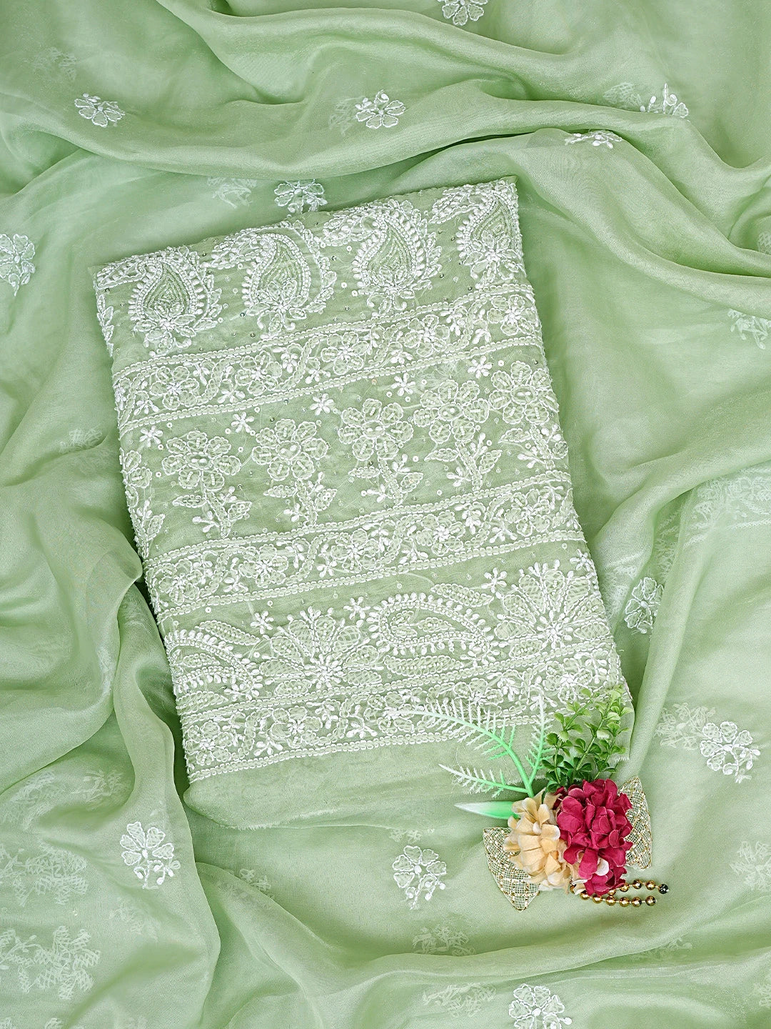 Ada Hand Embroidered Olivine Green Organza Lucknowi Chikankari Unstitched Kurta Dupatta Set With Cutdana Work 01A737539