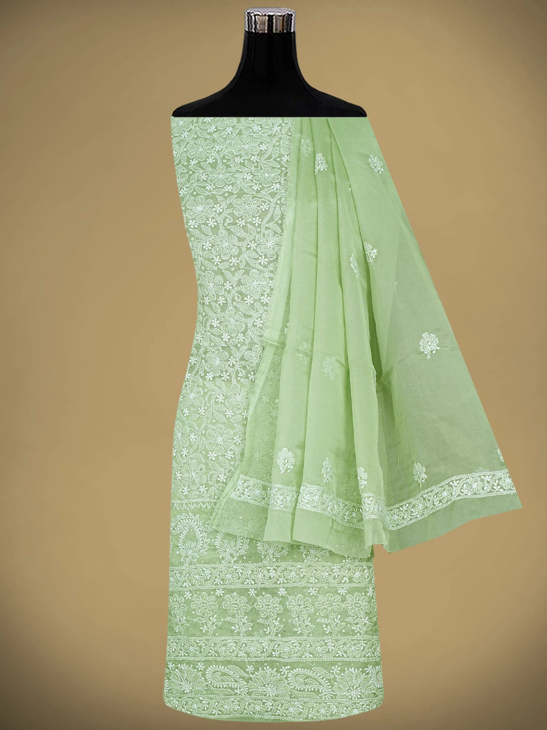 Ada Hand Embroidered Olivine Green Organza Lucknowi Chikankari Unstitched Kurta Dupatta Set With Cutdana Work 01A737539