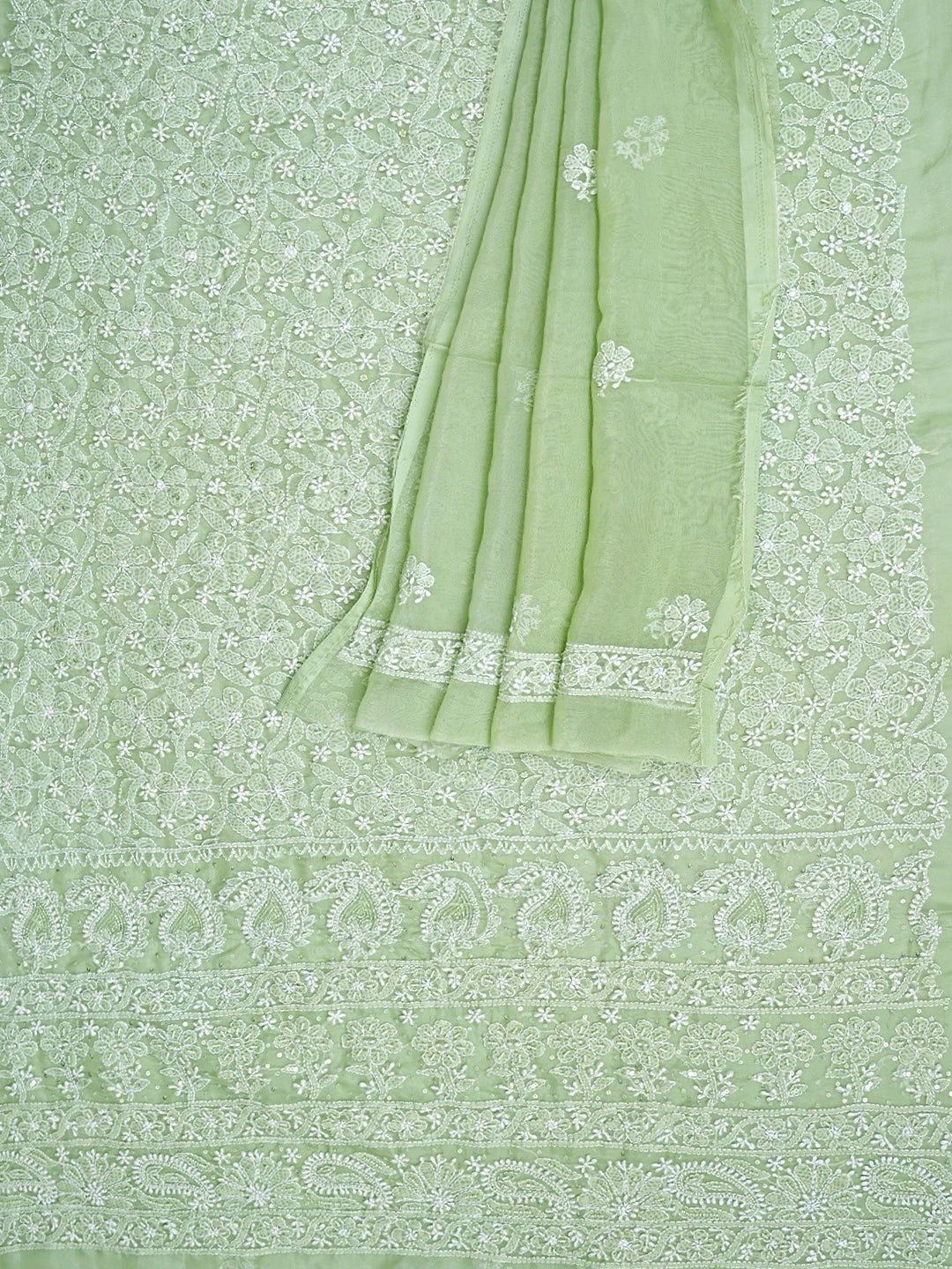 Ada Hand Embroidered Olivine Green Organza Lucknowi Chikankari Unstitched Kurta Dupatta Set With Cutdana Work 01A737539