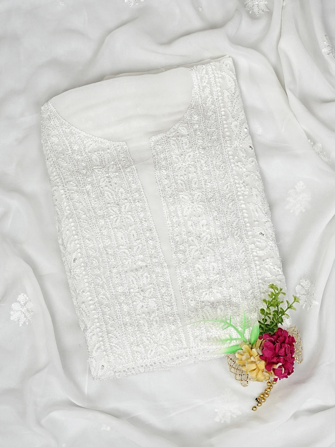 Ada Hand Embroidered White Viscose Georgette Lucknowi Chikankari Unstitched Kurta Dupatta Set With Sequinned Work 01A802072