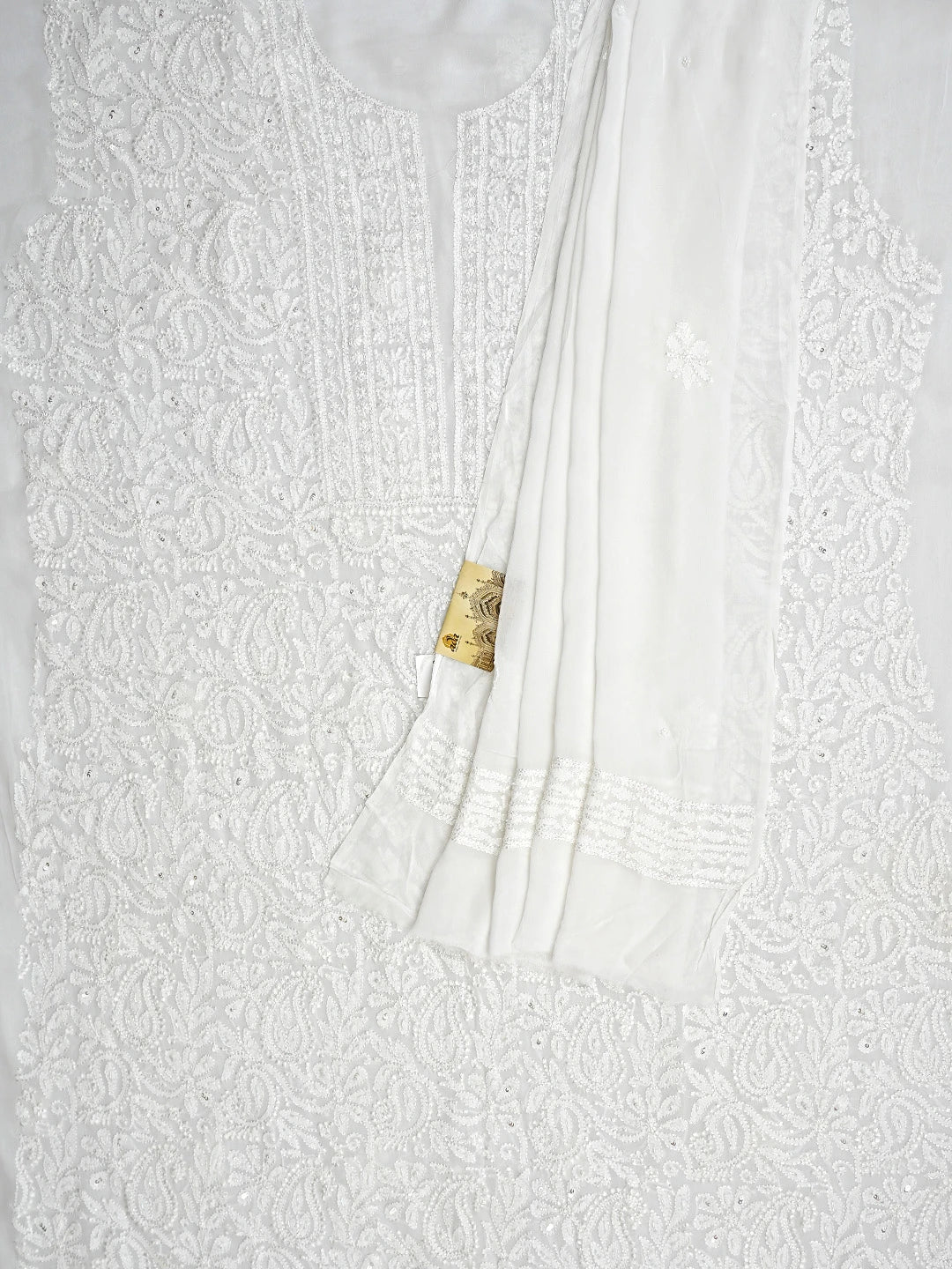 Ada Hand Embroidered White Viscose Georgette Lucknowi Chikankari Unstitched Kurta Dupatta Set With Sequinned Work 01A802072
