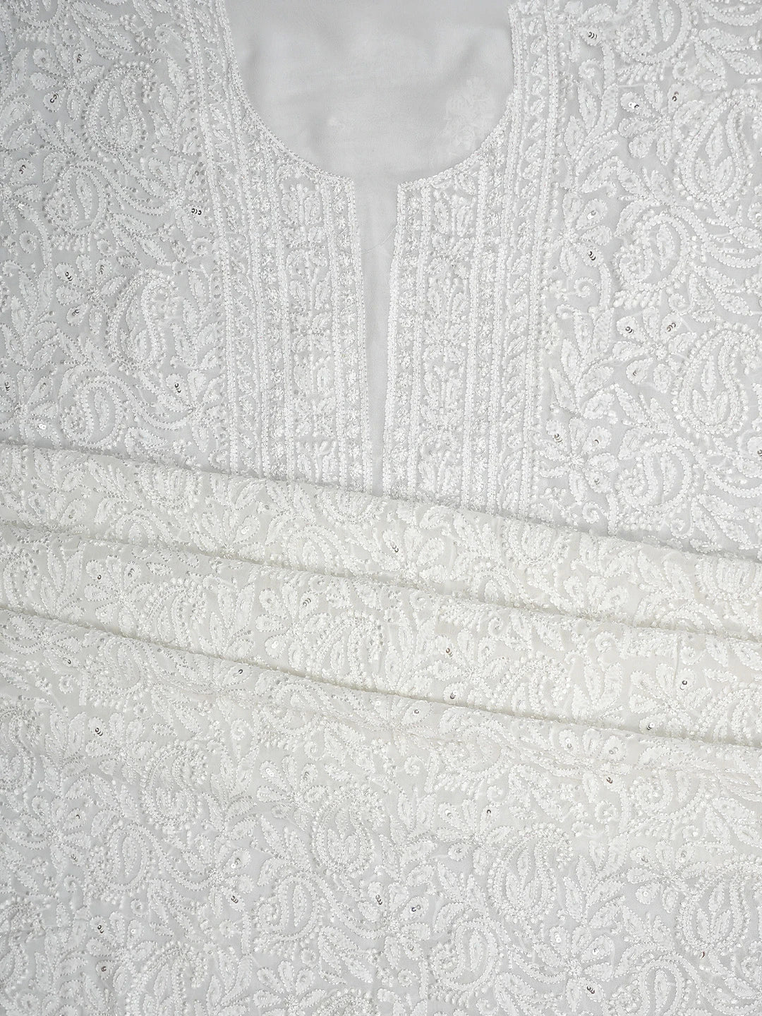 Ada Hand Embroidered White Viscose Georgette Lucknowi Chikankari Unstitched Kurta Dupatta Set With Sequinned Work 01A802072