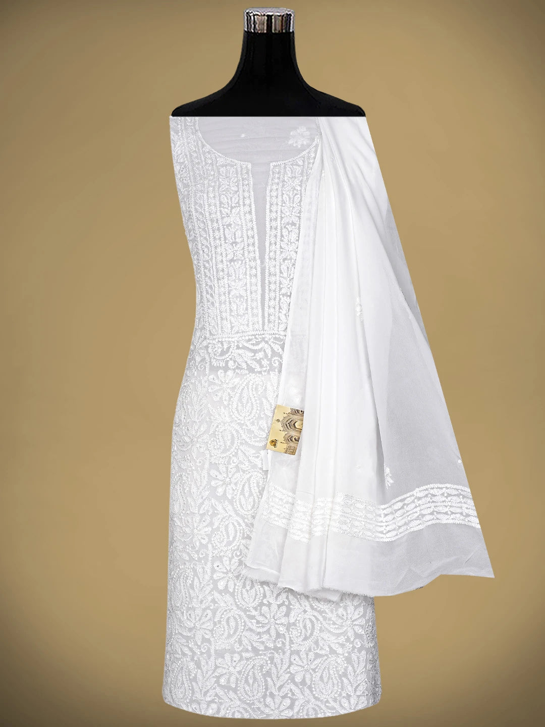 Ada Hand Embroidered White Viscose Georgette Lucknowi Chikankari Unstitched Kurta Dupatta Set With Sequinned Work 01A802072
