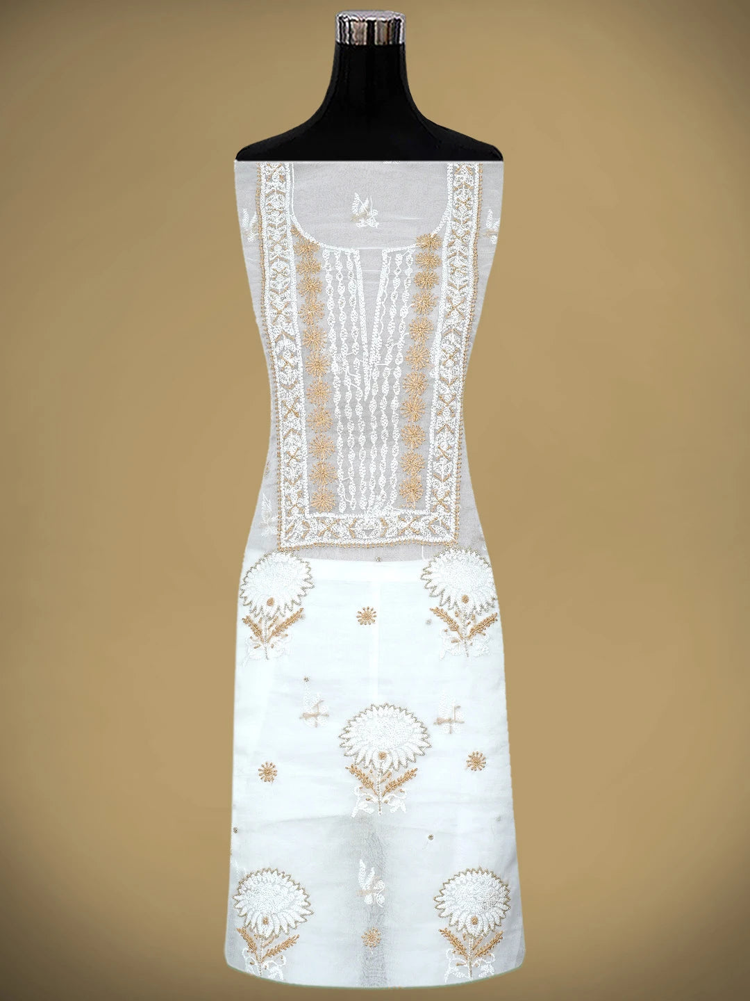 Ada Hand Embroidered White Old Lace Organza Lucknowi Chikankari Unstitched Kurta Dupatta Set With Cutdana Work 01A223560