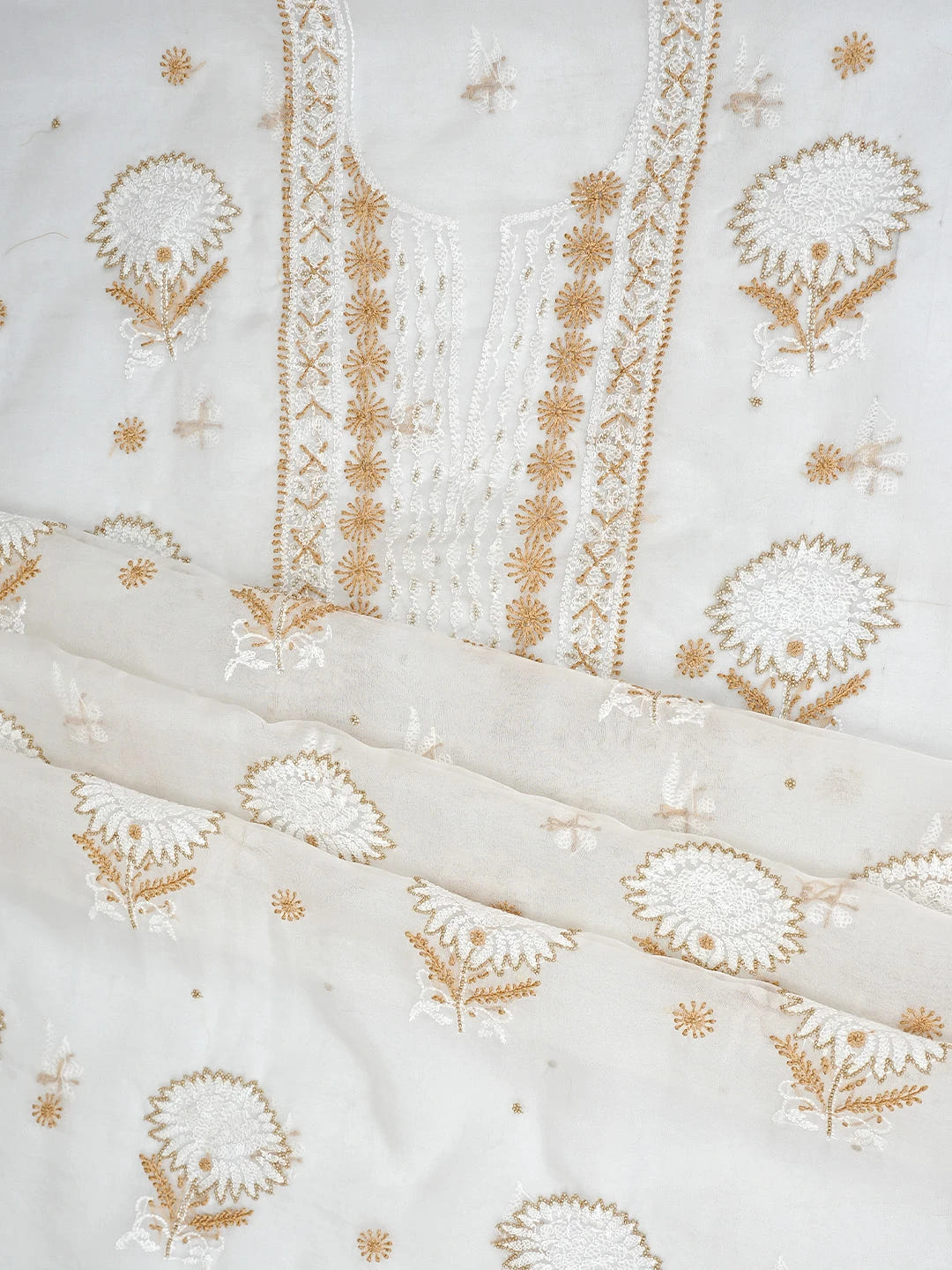 Ada Hand Embroidered White Old Lace Organza Lucknowi Chikankari Unstitched Kurta Dupatta Set With Cutdana Work 01A223560