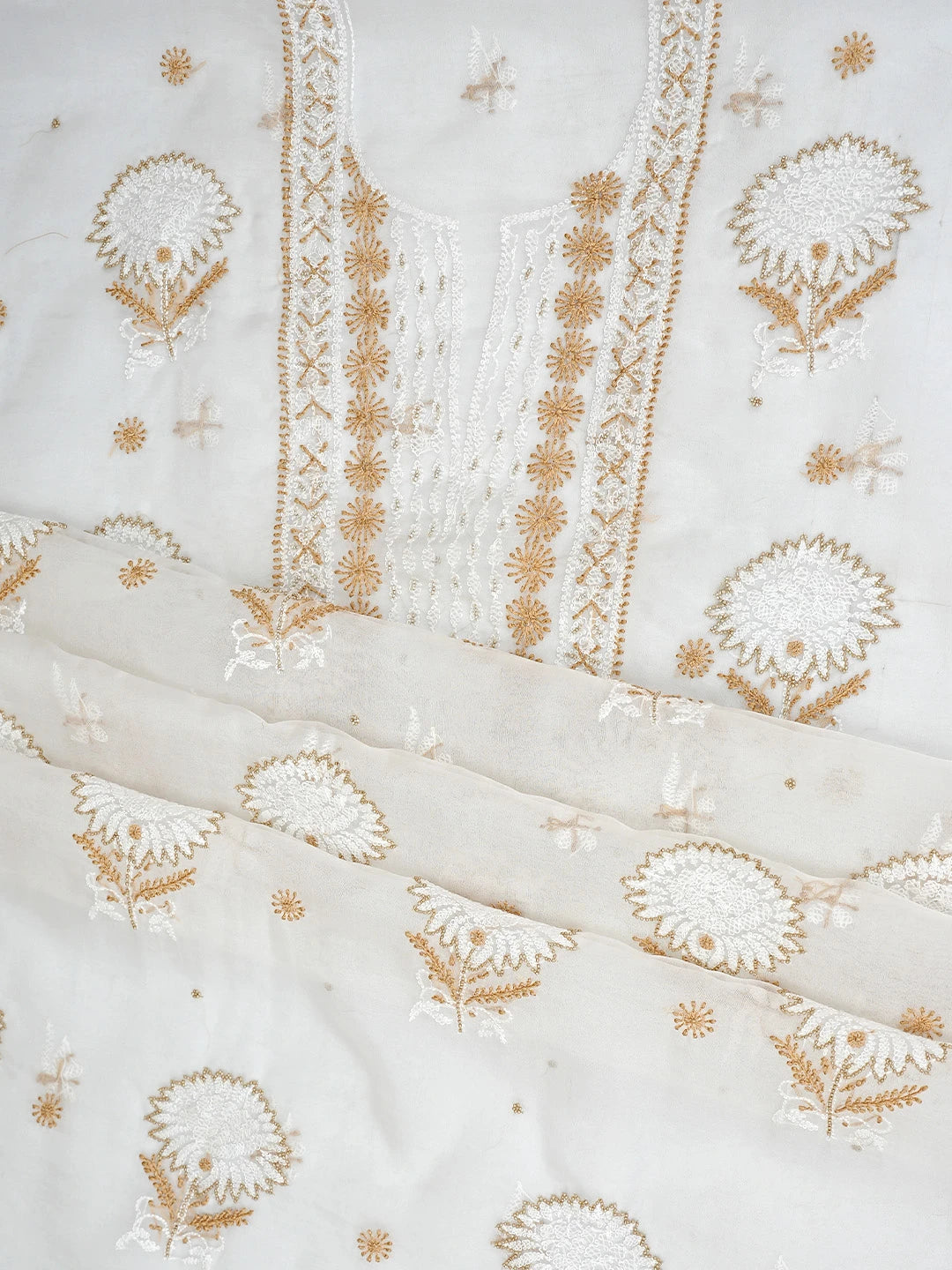 Ada Hand Embroidered White Old Lace Organza Lucknowi Chikankari Unstitched Kurta Dupatta Set With Cutdana Work 01A223560