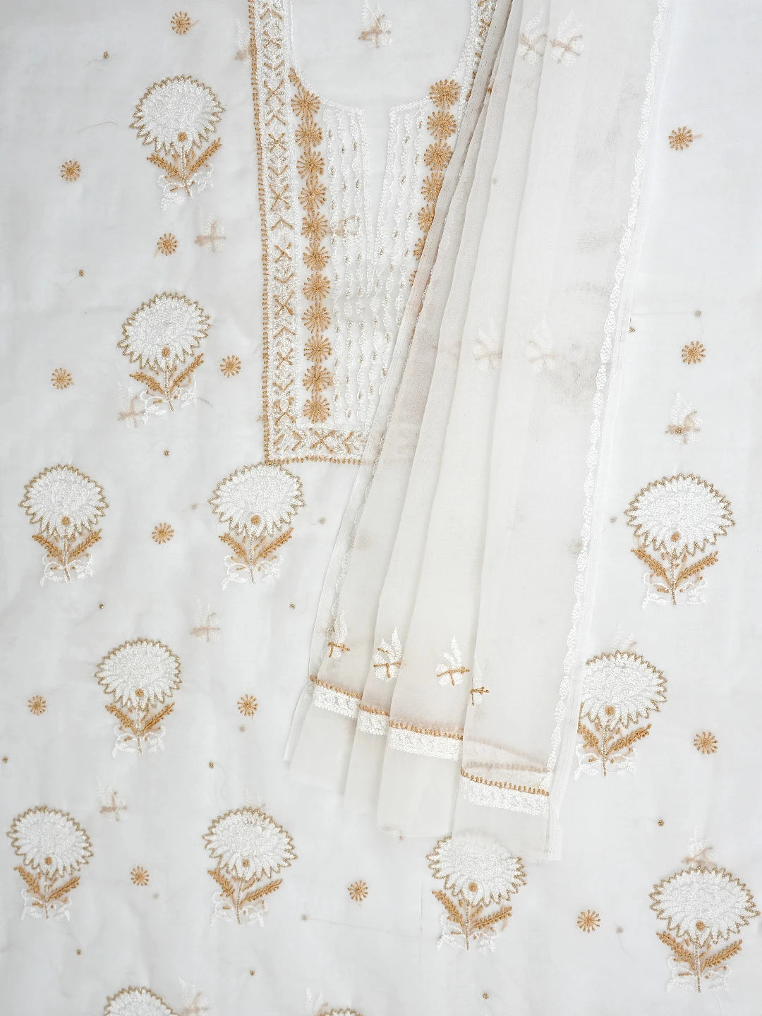 Ada Hand Embroidered White Old Lace Organza Lucknowi Chikankari Unstitched Kurta Dupatta Set With Cutdana Work 01A223560