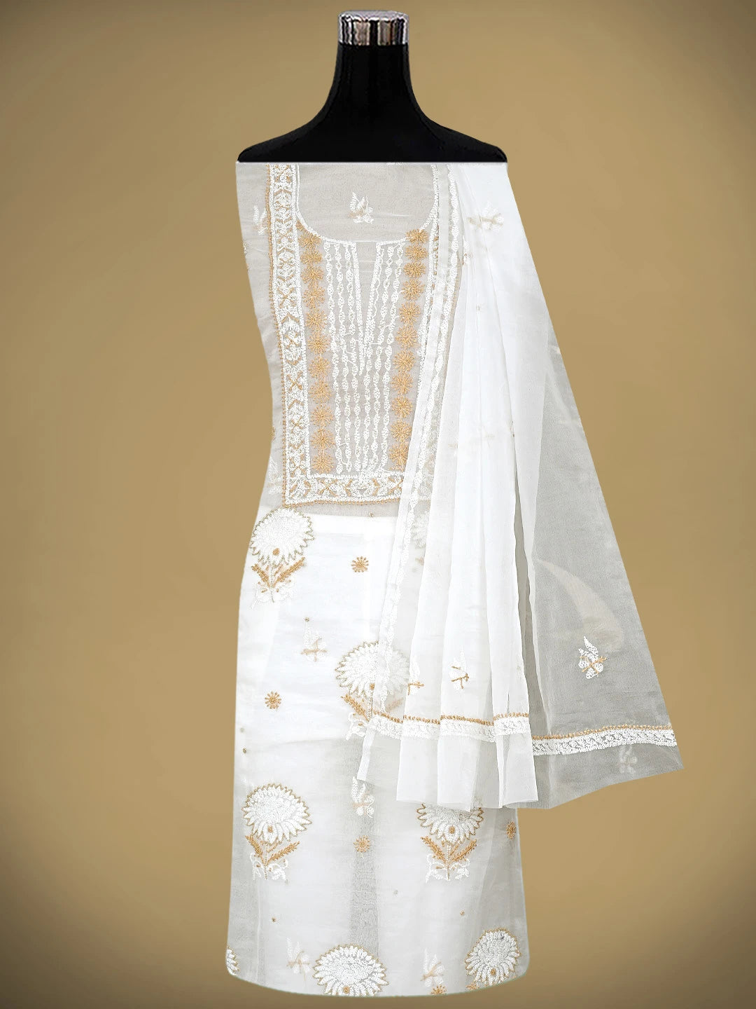 Ada Hand Embroidered White Old Lace Organza Lucknowi Chikankari Unstitched Kurta Dupatta Set With Cutdana Work 01A223560