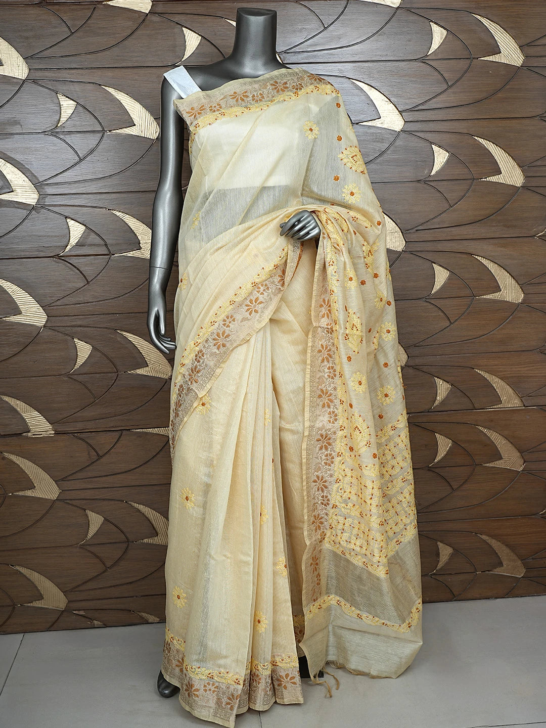 Ada Hand Embroidered Fawn Chanderi Lucknowi Chikankari Saree With Blouse 01A877294