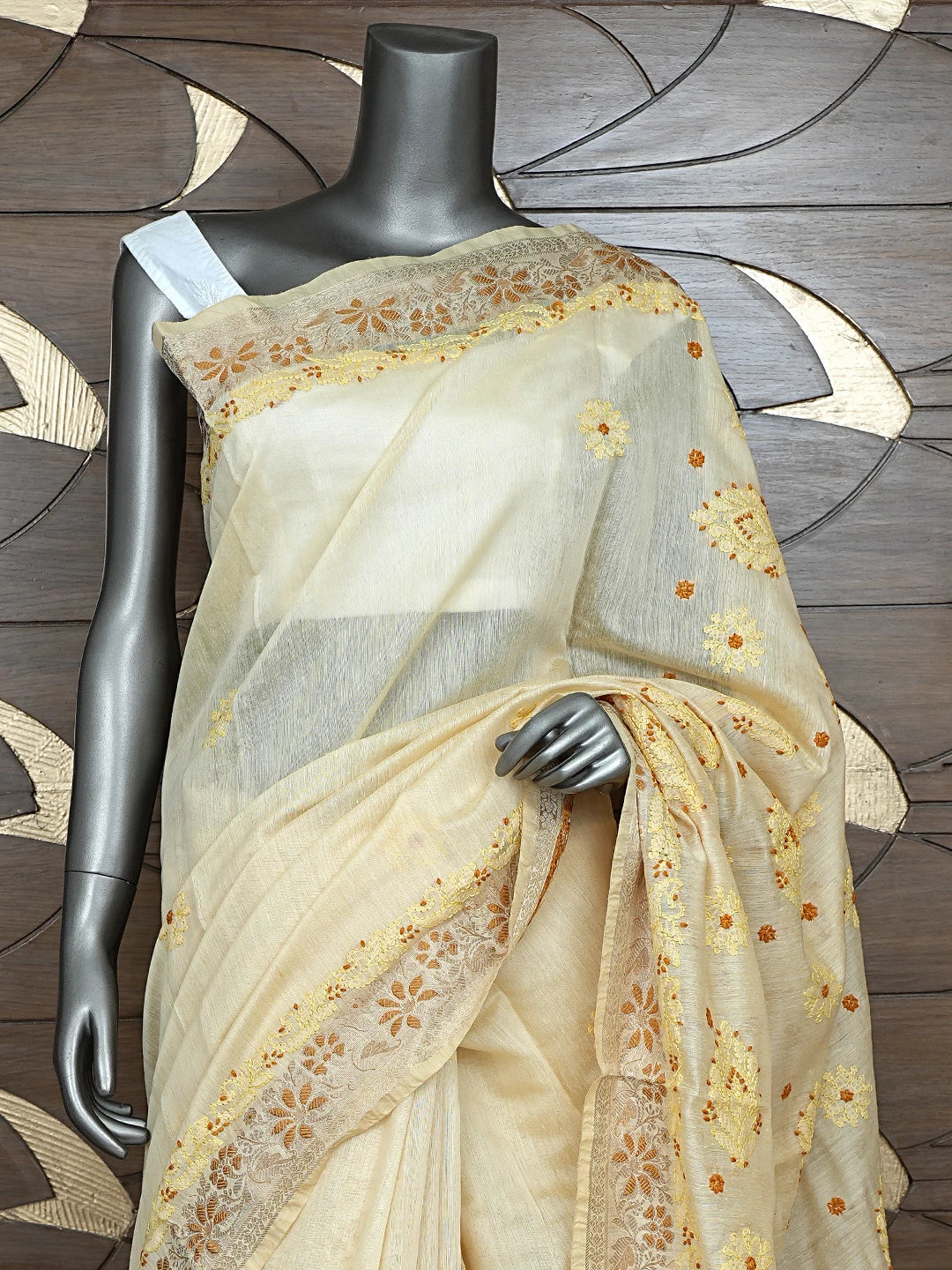 Ada Hand Embroidered Fawn Chanderi Lucknowi Chikankari Saree With Blouse 01A877294