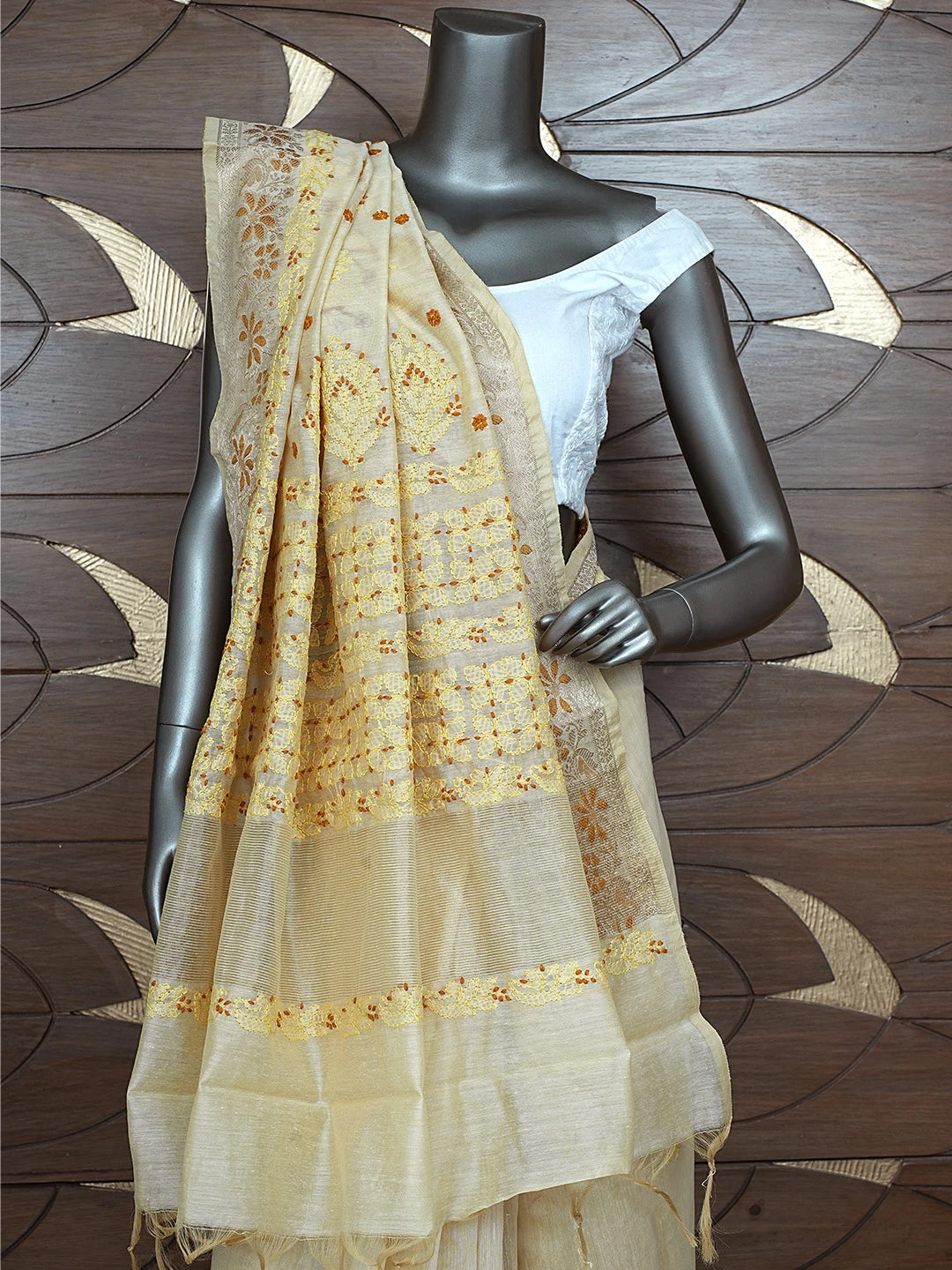 Ada Hand Embroidered Fawn Chanderi Lucknowi Chikankari Saree With Blouse 01A877294