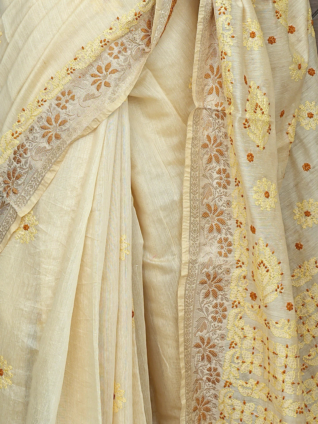 Ada Hand Embroidered Fawn Chanderi Lucknowi Chikankari Saree With Blouse 01A877294