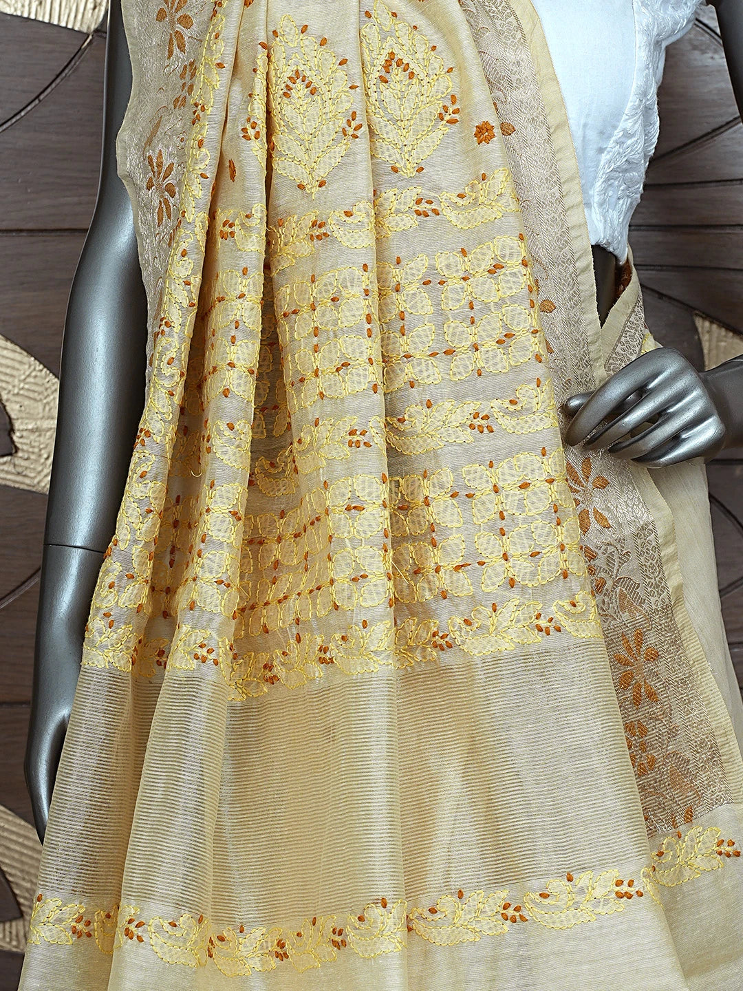 Ada Hand Embroidered Fawn Chanderi Lucknowi Chikankari Saree With Blouse 01A877294