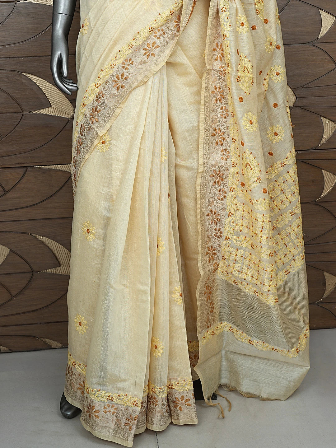 Ada Hand Embroidered Fawn Chanderi Lucknowi Chikankari Saree With Blouse 01A877294