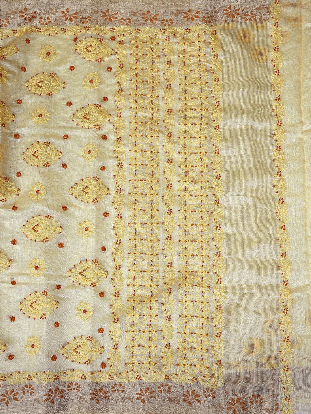 Ada Hand Embroidered Fawn Chanderi Lucknowi Chikankari Saree With Blouse 01A877294
