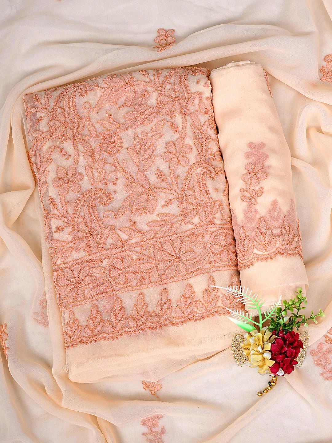 Ada Hand Embroidered Atomic Tangerine Georgette Lucknowi Chikankari Unstitched Suit Piece 01A811303