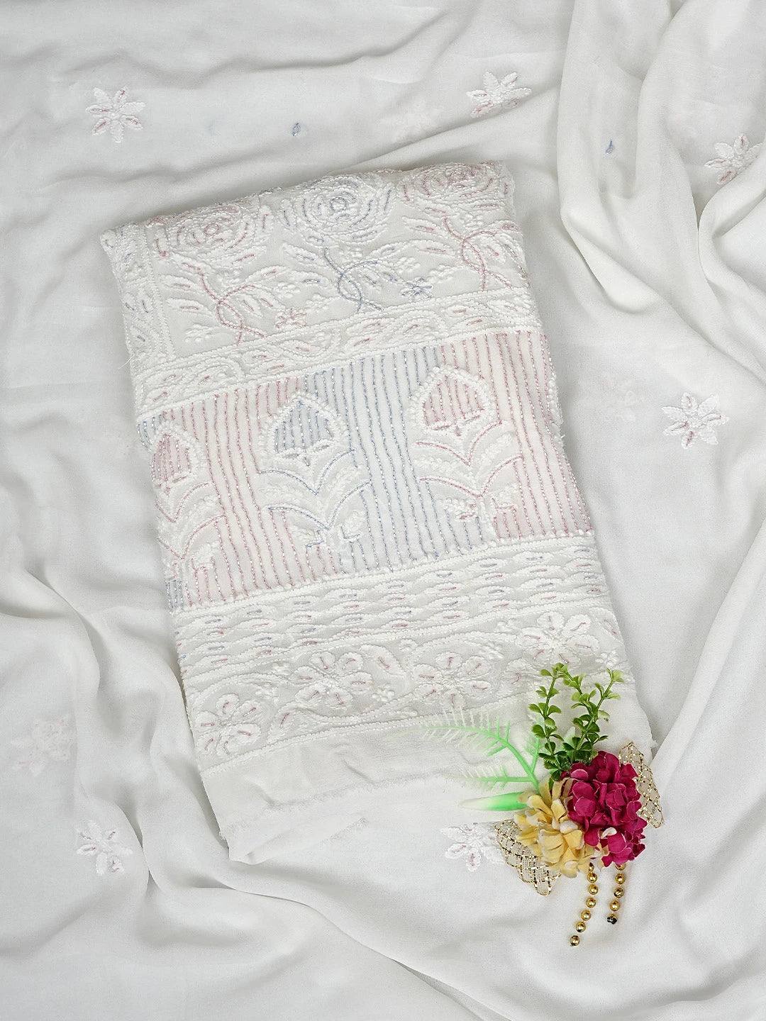 Ada Hand Embroidered White Viscose Georgette Lucknowi Chikankari Unstitched Kurta Dupatta Set With Cutdana Work 01A816511
