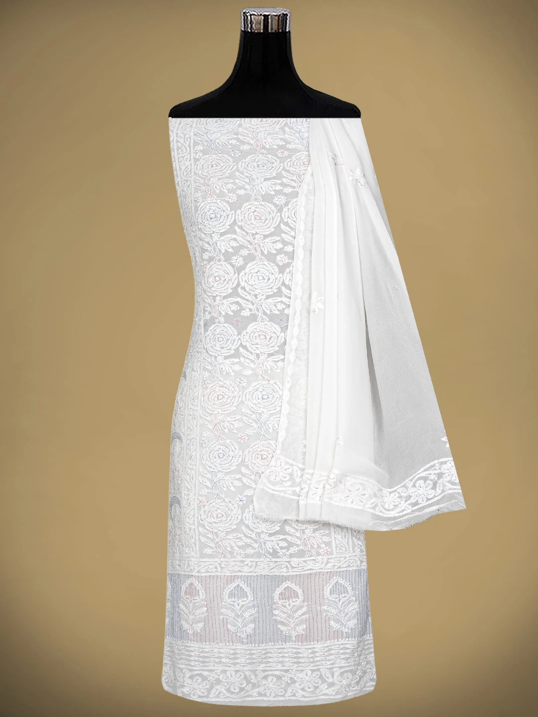 Ada Hand Embroidered White Viscose Georgette Lucknowi Chikankari Unstitched Kurta Dupatta Set With Cutdana Work 01A816511