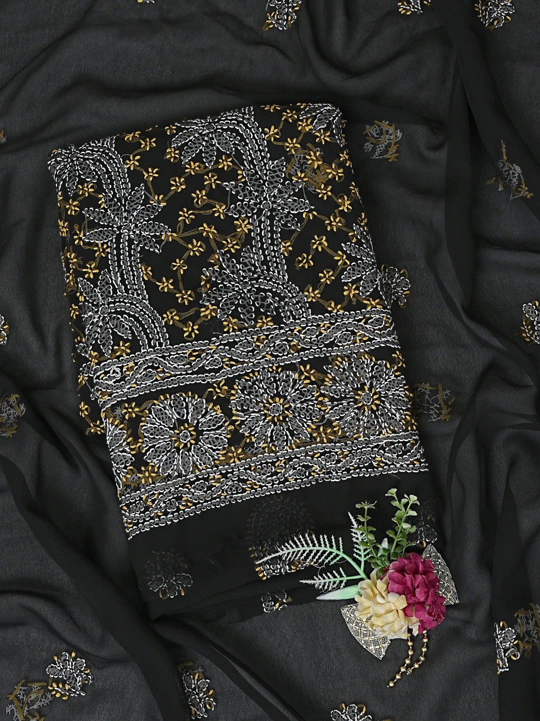 Ada Hand Embroidered Black Georgette Lucknowi Chikankari Unstitched Suit Piece 01A872270