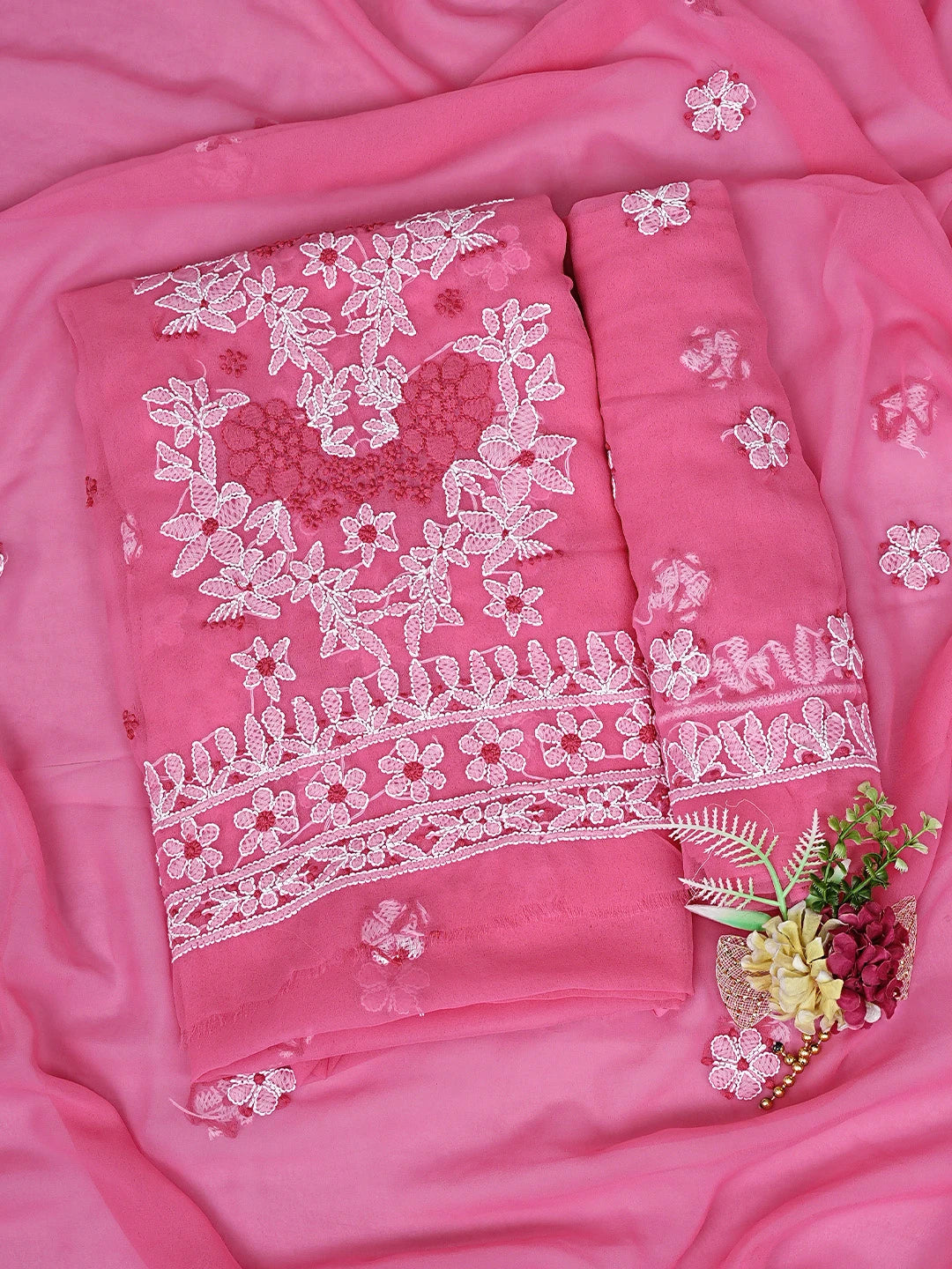 Ada Hand Embroidered Brink Pink Georgette Lucknowi Chikankari Unstitched Suit Piece 01A867446