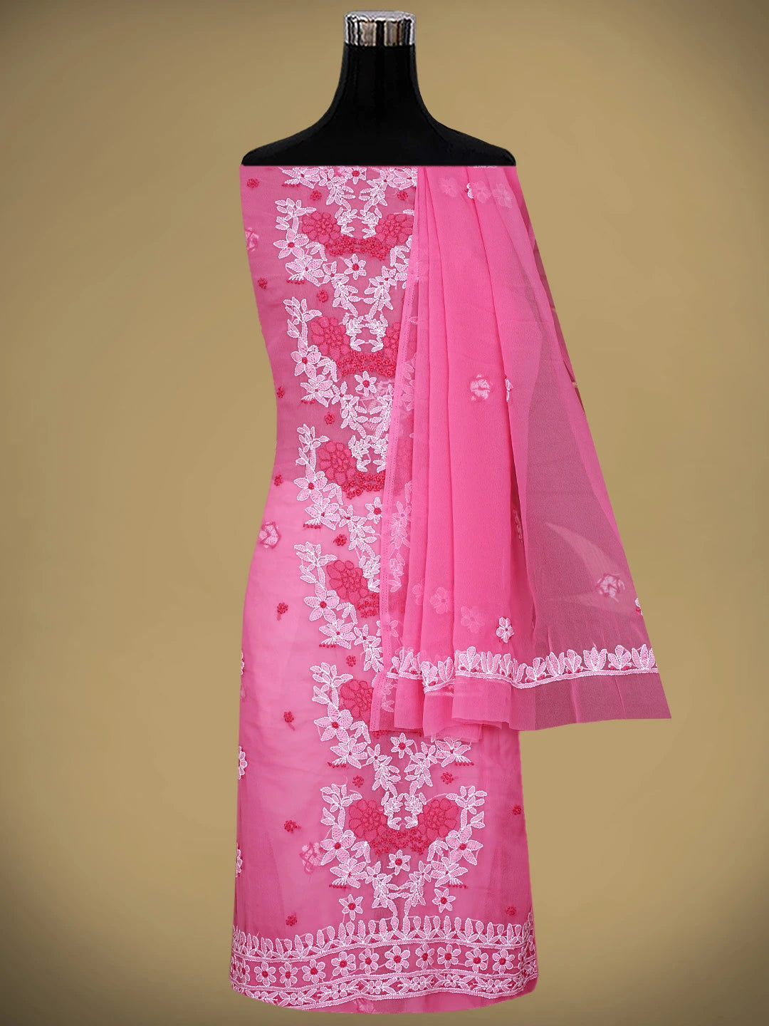 Ada Hand Embroidered Brink Pink Georgette Lucknowi Chikankari Unstitched Suit Piece 01A867446