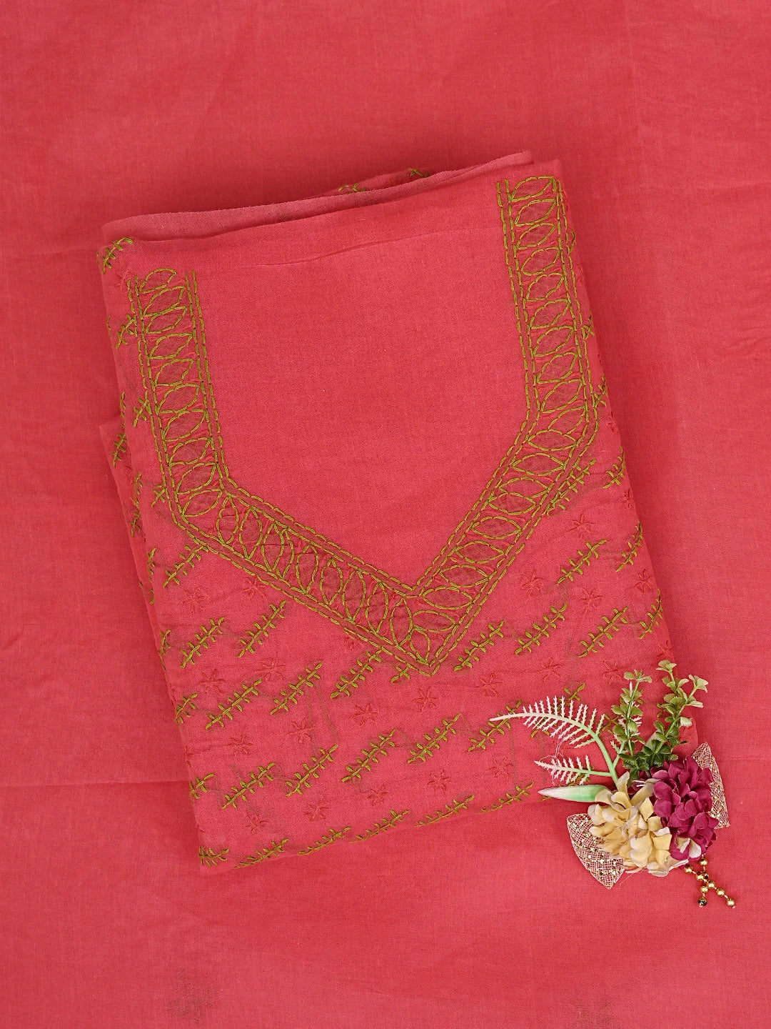 Ada Hand Embroidered Vermilion Red Cotton Lucknowi Chikankari Unstitched Suit Piece 01A893868