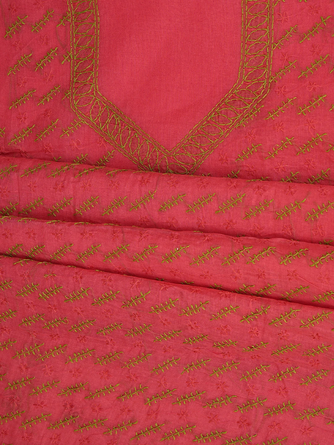 Ada Hand Embroidered Vermilion Red Cotton Lucknowi Chikankari Unstitched Suit Piece 01A893868