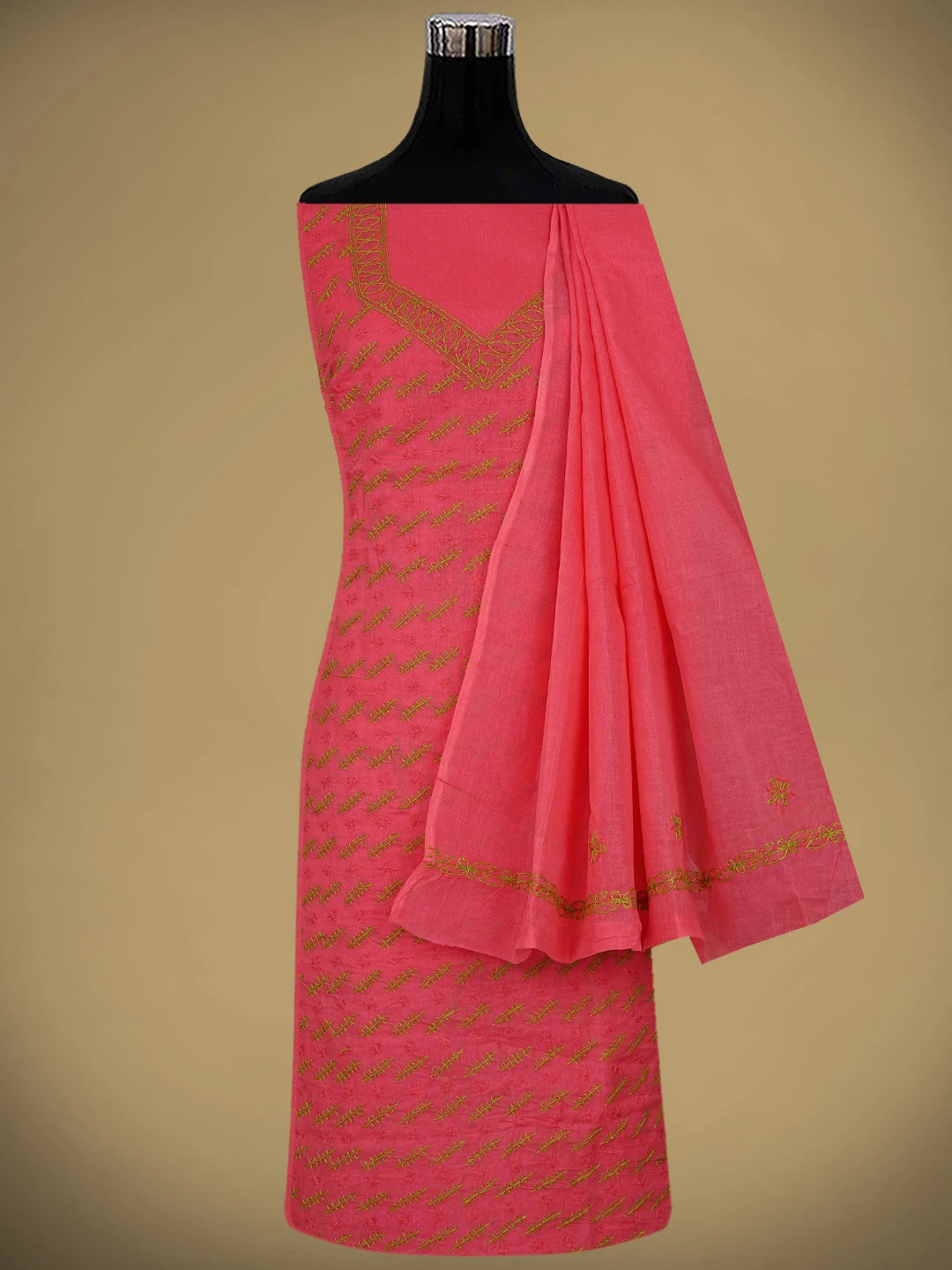 Ada Hand Embroidered Vermilion Red Cotton Lucknowi Chikankari Unstitched Suit Piece 01A893868