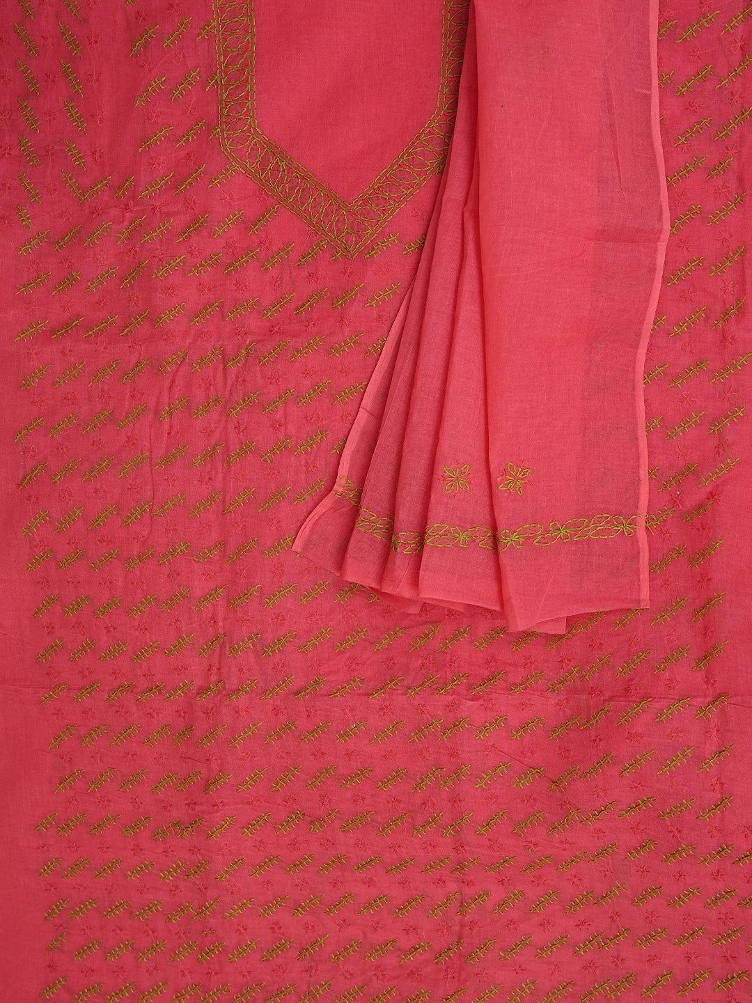 Ada Hand Embroidered Vermilion Red Cotton Lucknowi Chikankari Unstitched Suit Piece 01A893868