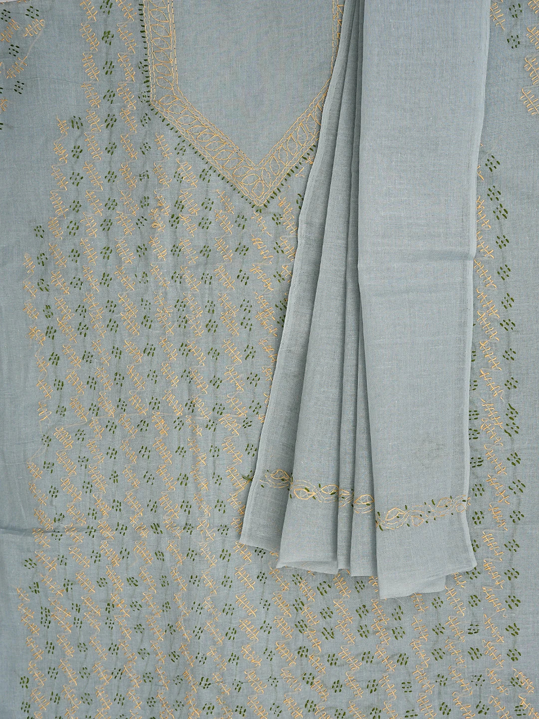 Ada Hand Embroidered Grey Cotton Lucknowi Chikankari Unstitched Suit Piece 01A893900